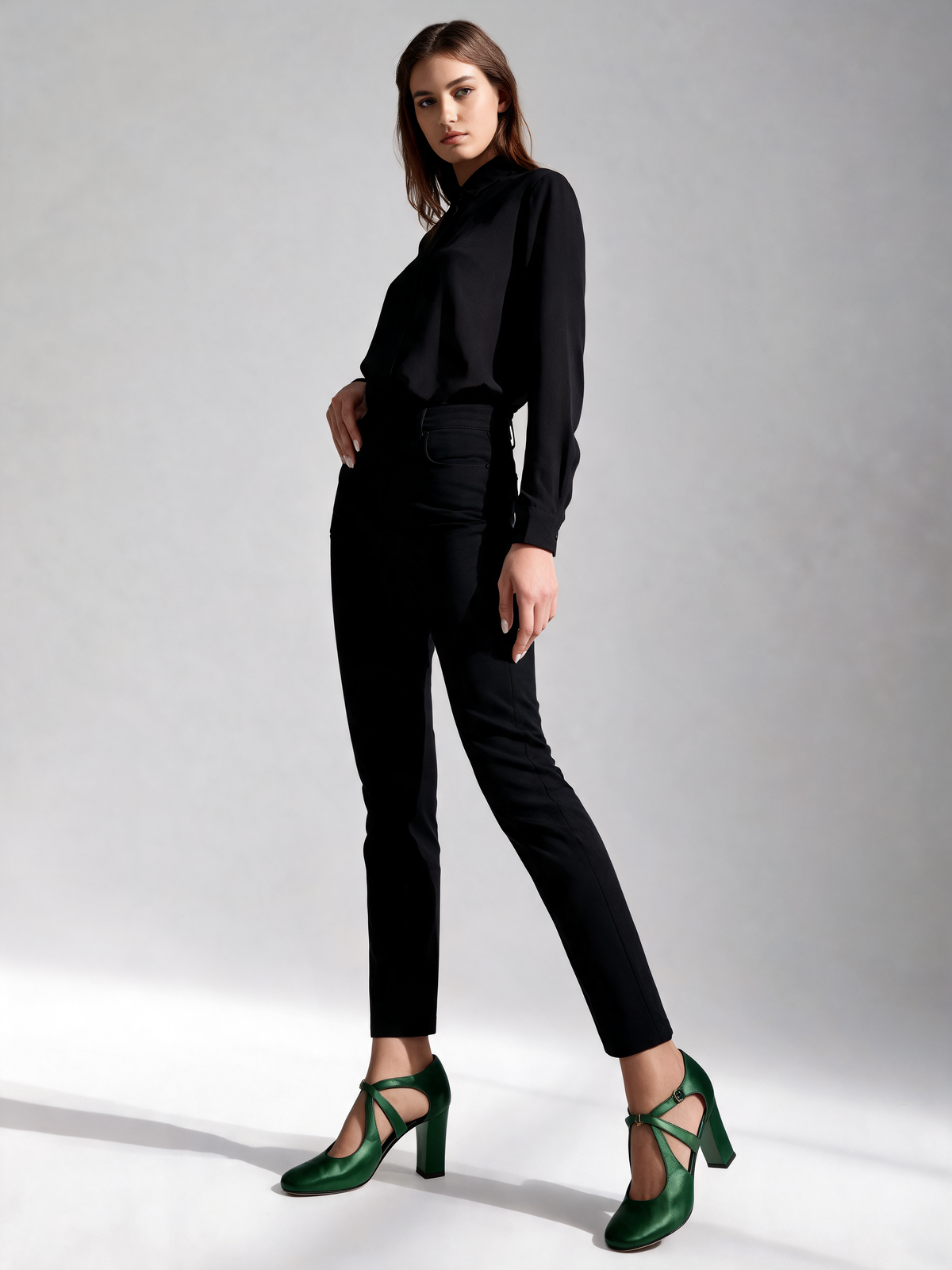 Green heels three-quarter view