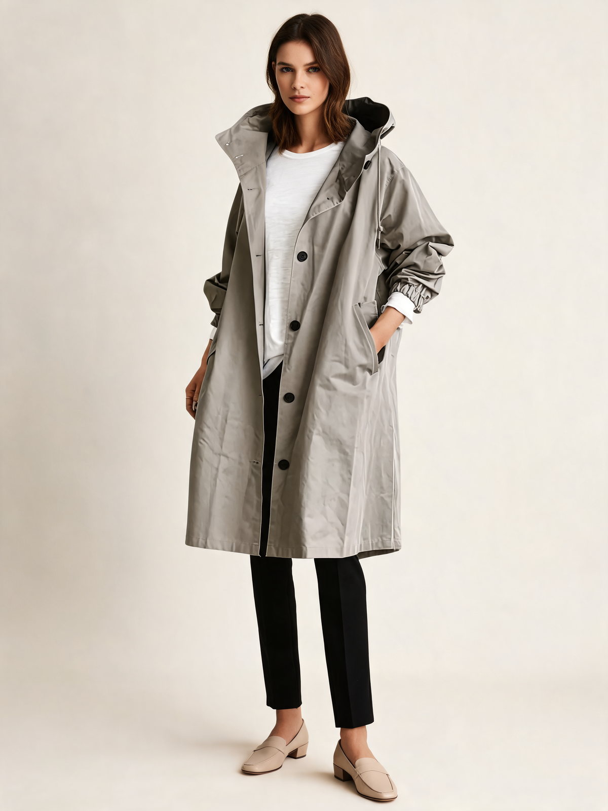 Grey trench coat front view