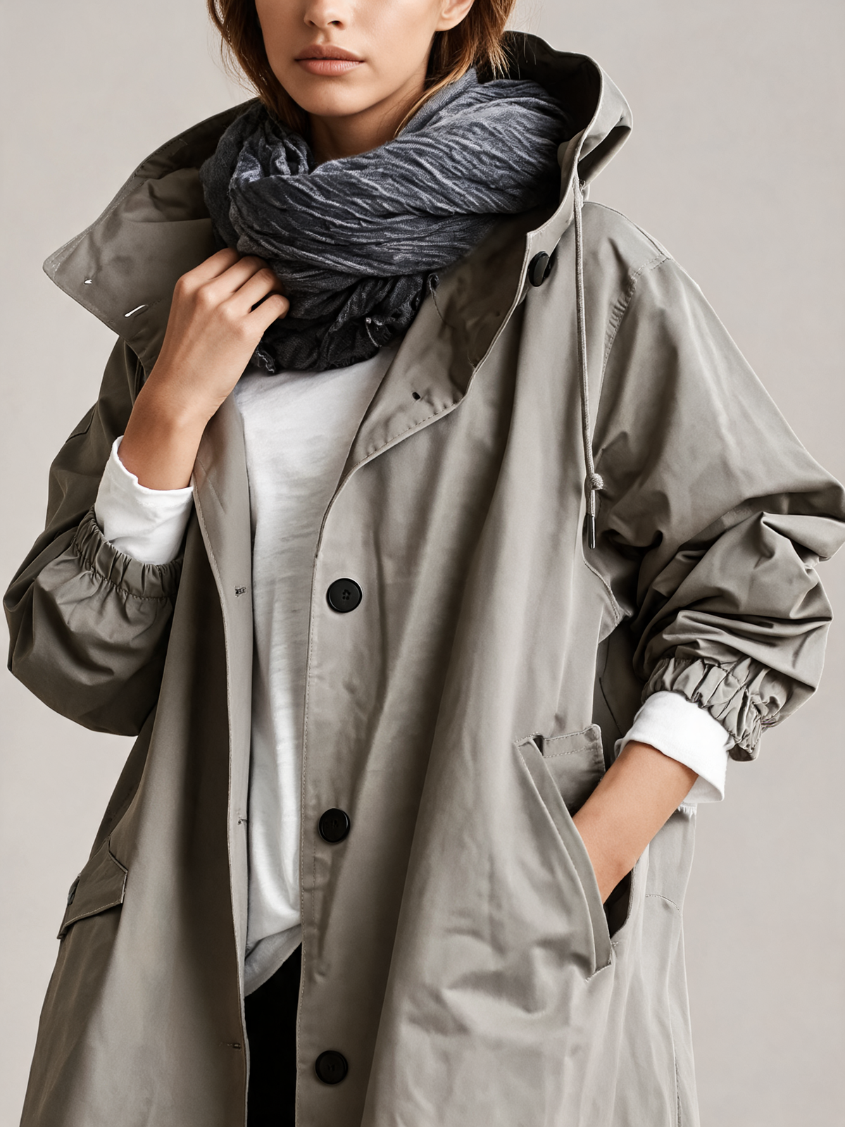 Grey trench coat close-up