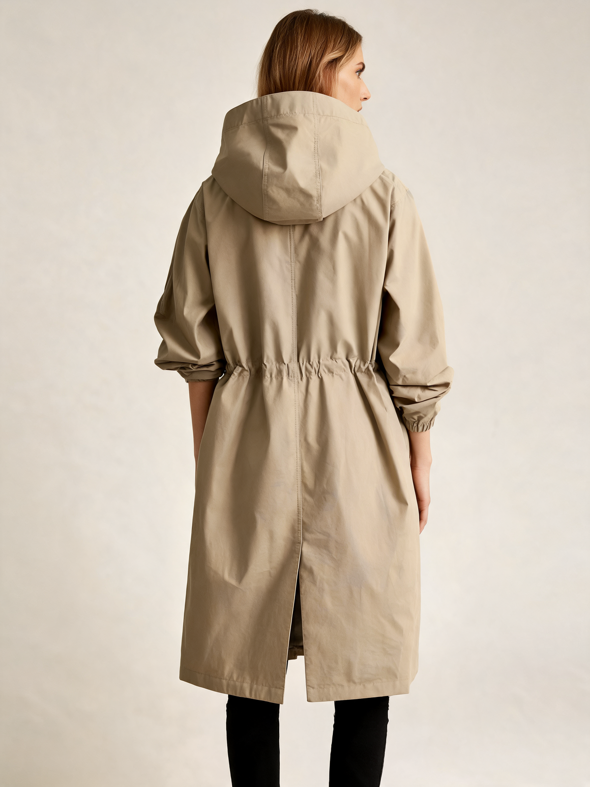 Khaki trench coat back view