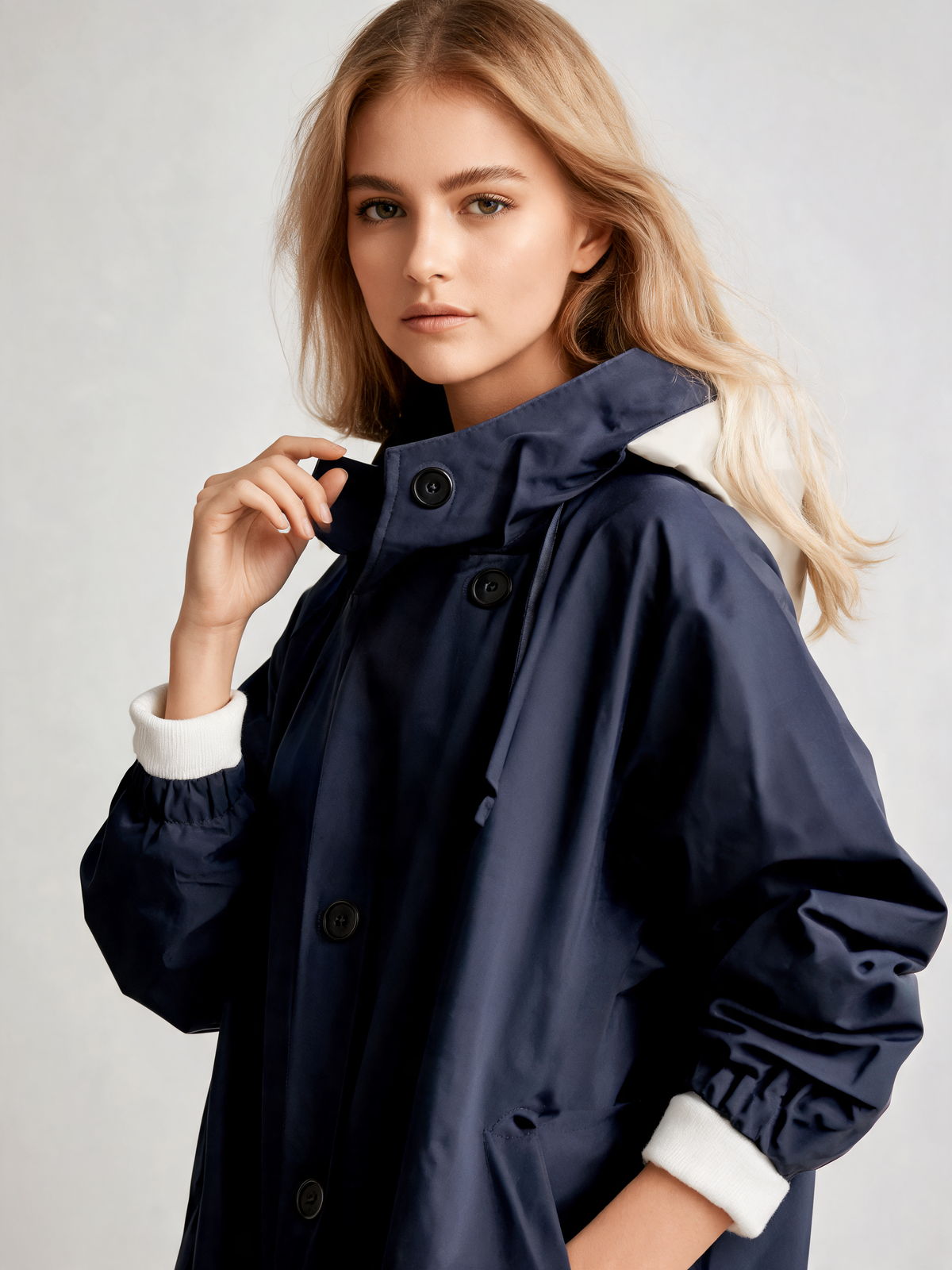 Navy trench coat close-up