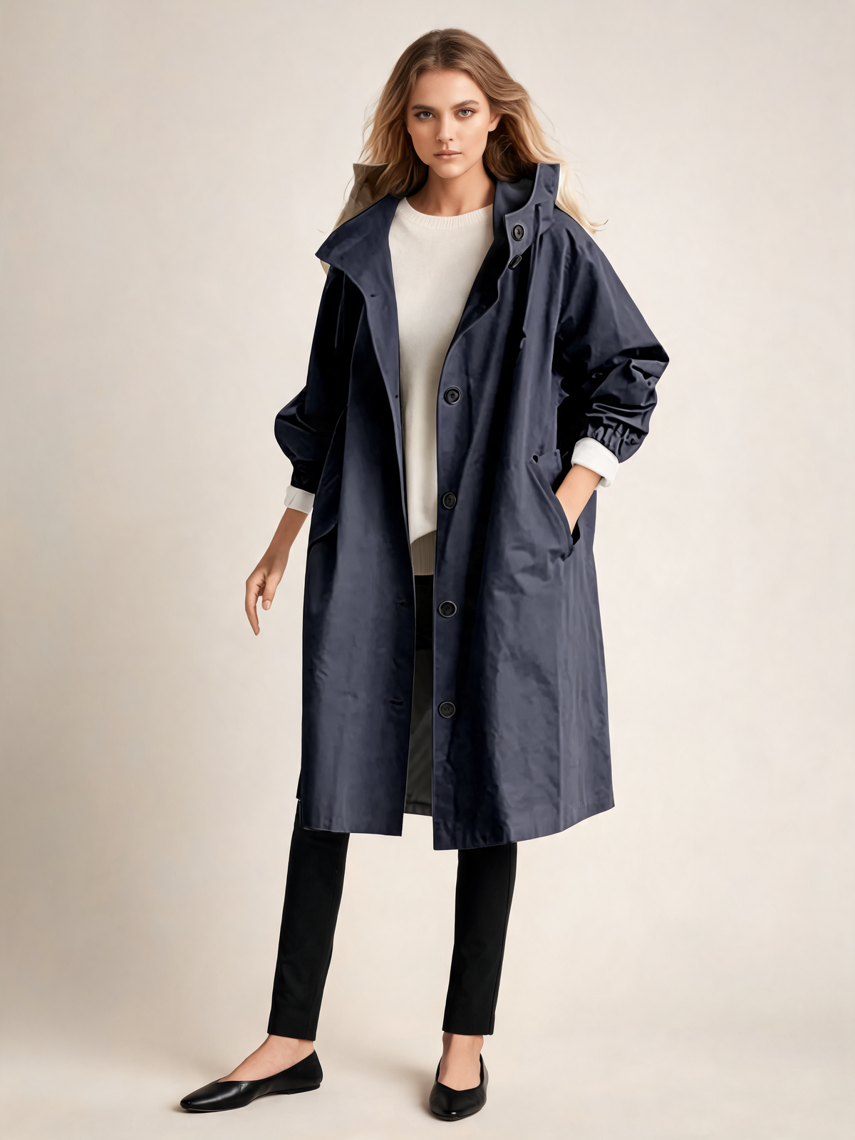 Navy trench coat front view