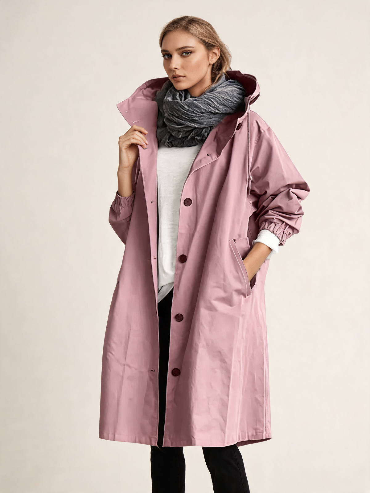 Pink trench coat three-quarter view