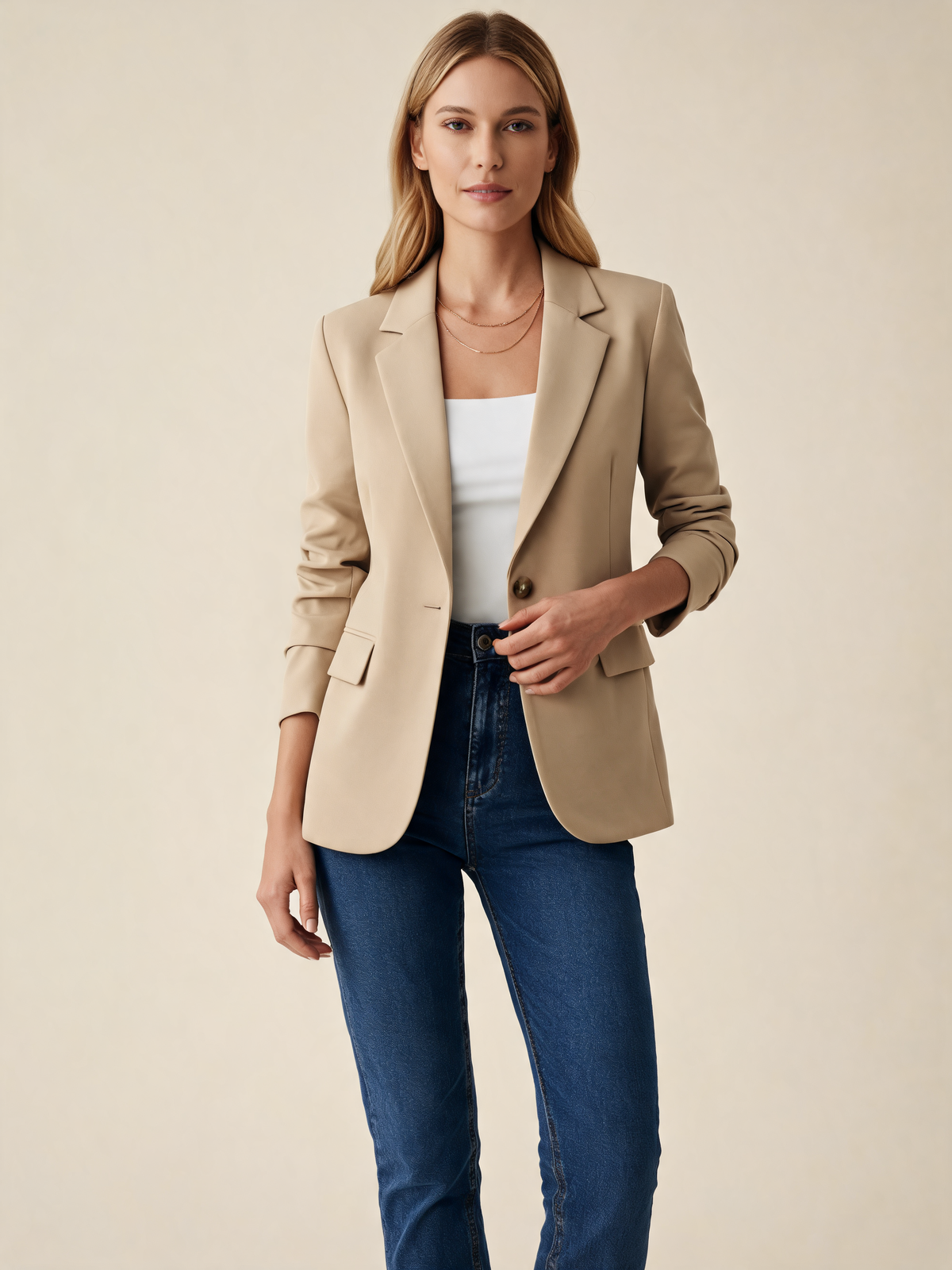 Beige women's blazer three-quarter view
