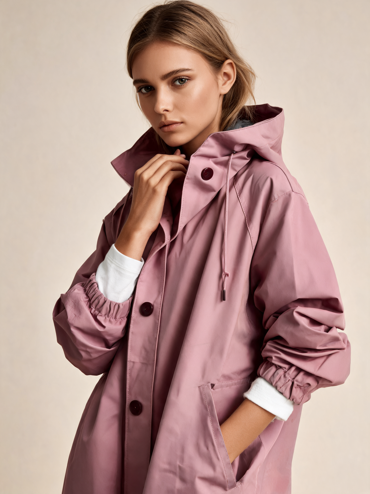 Pink trench coat close-up
