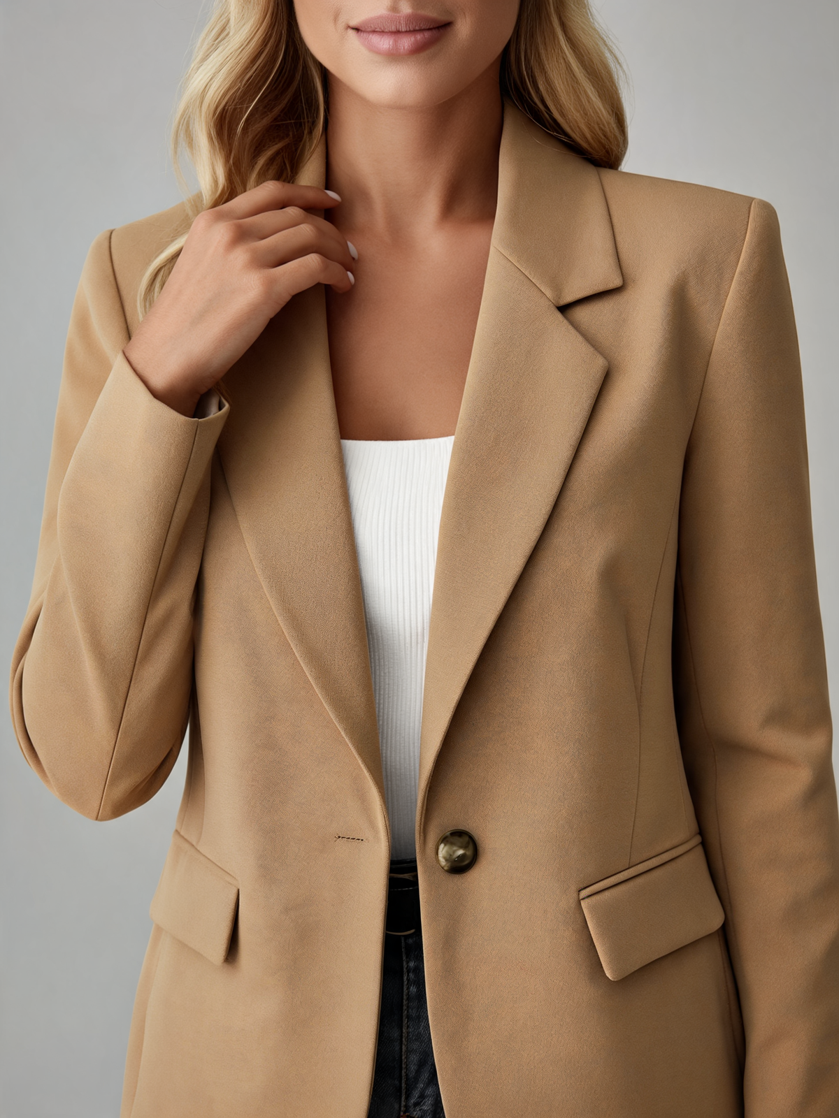 Camel women's blazer close-up
