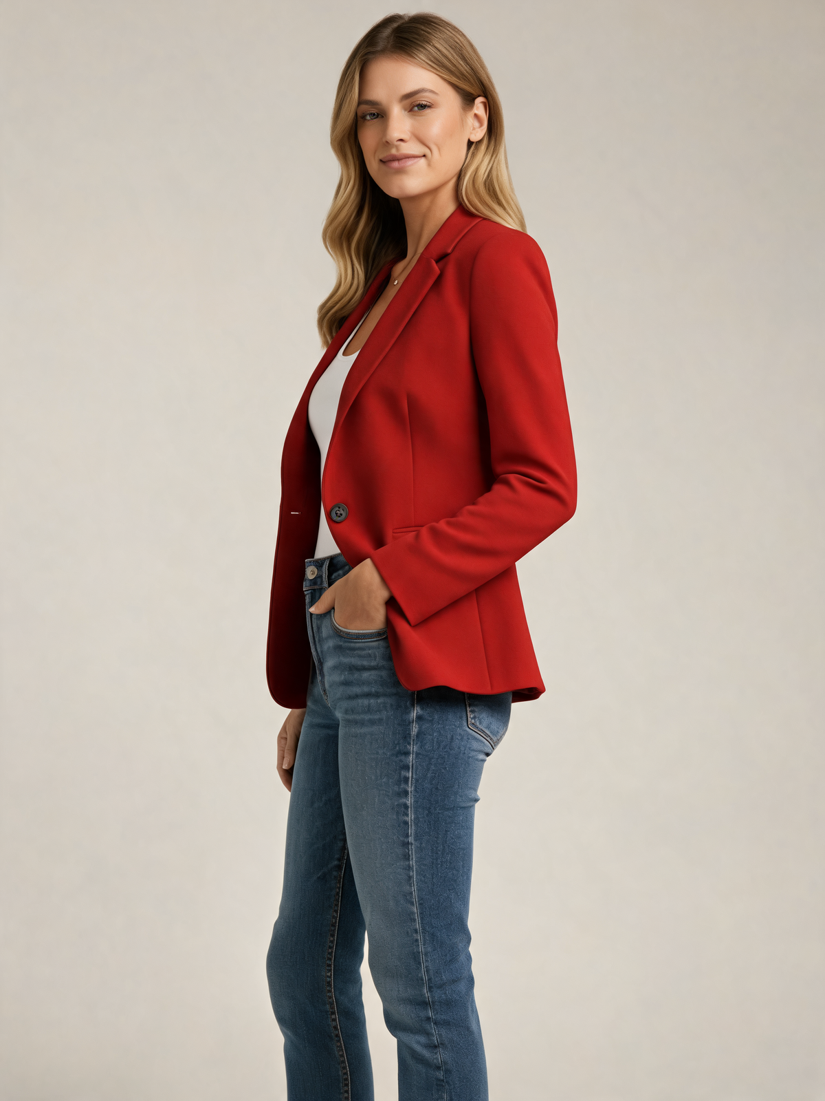 Red women's blazer three-quarter view