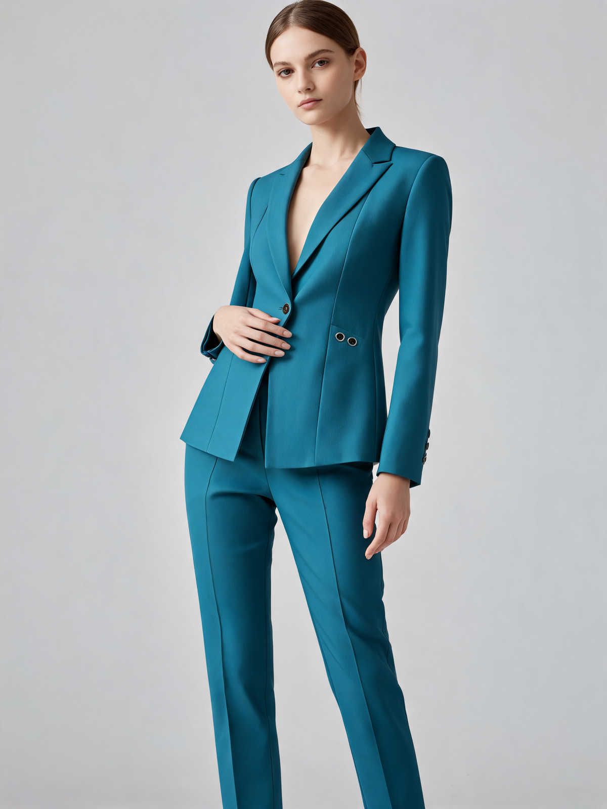 Teal women's suit three-quarter view