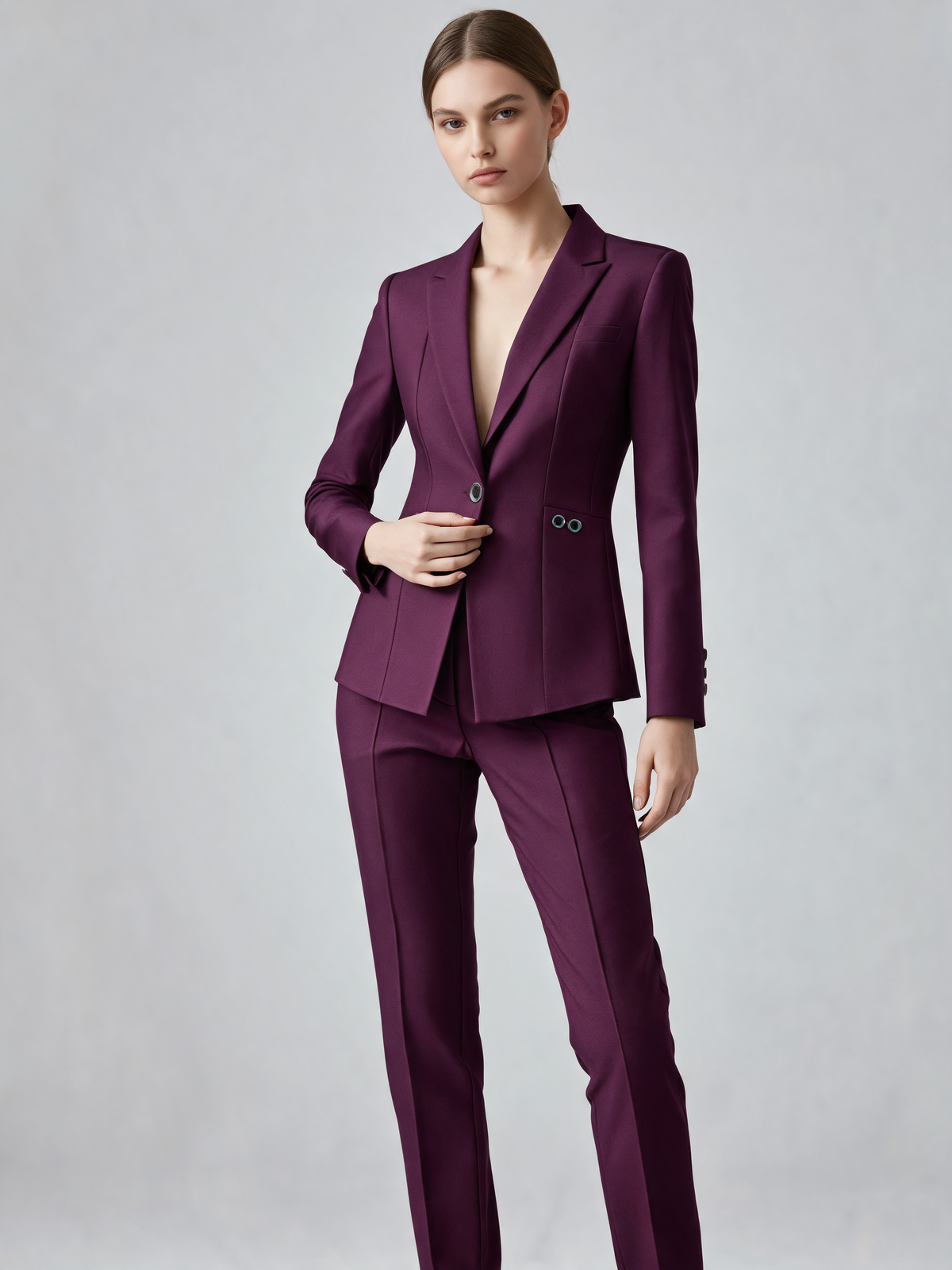 Plum women's suit three-quarter view