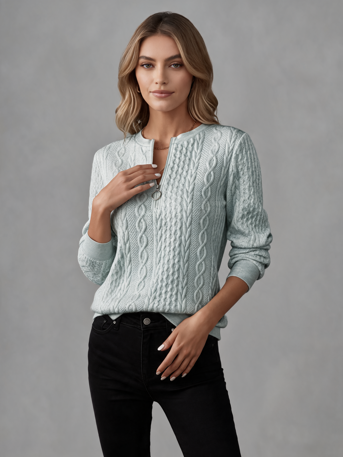 Sage knitted jumper three-quarter view