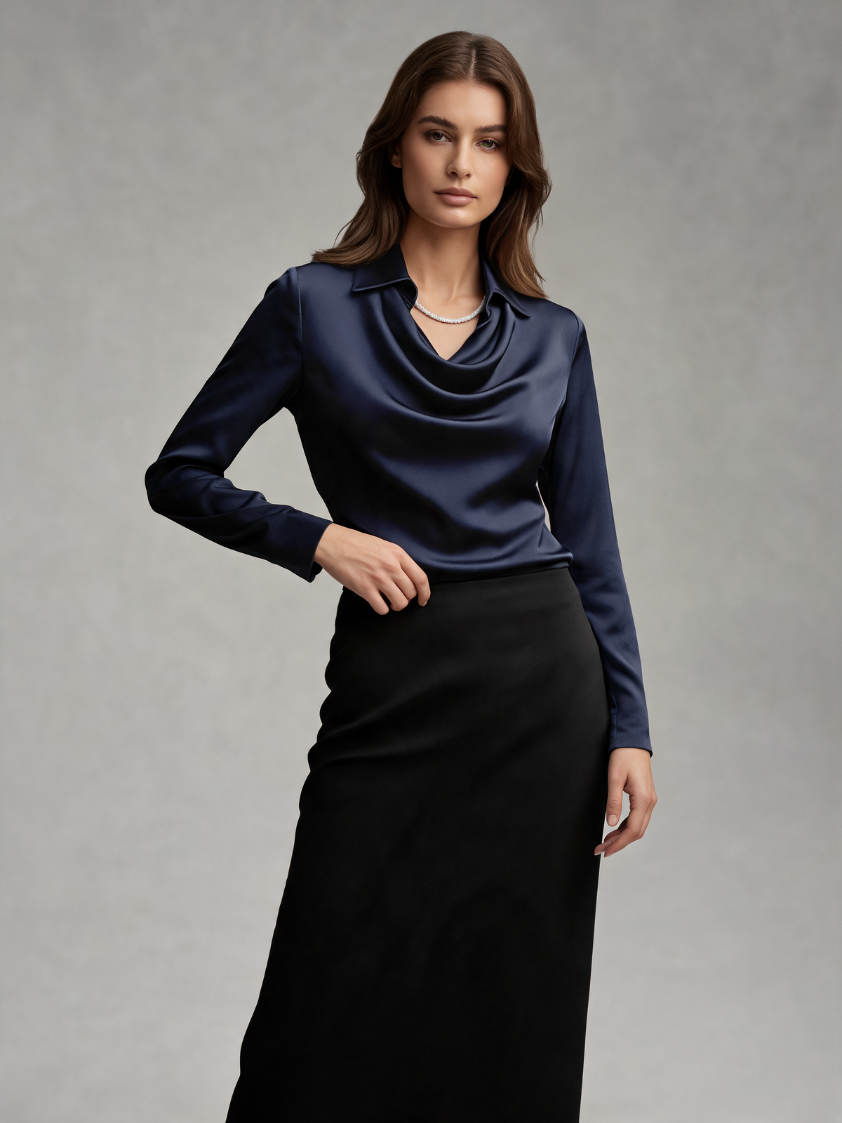 Navy blouse three-quarter view