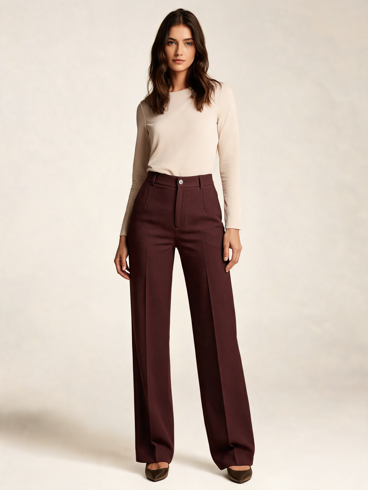 Burgundy wide leg trousers front view