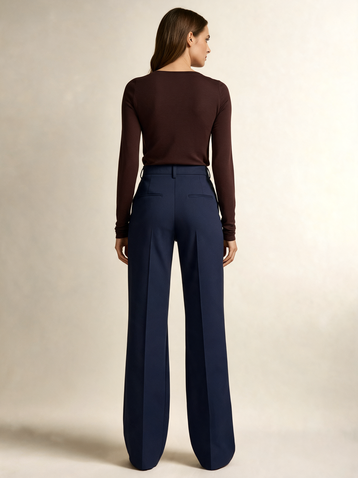 Navy wide leg trousers back view