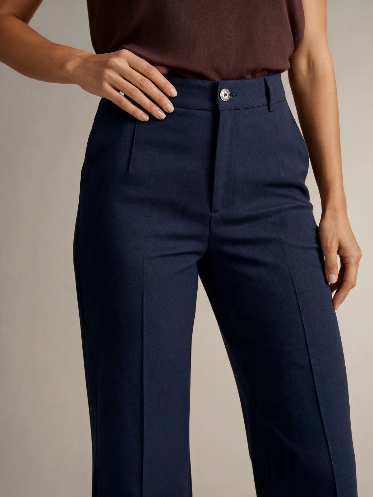 Navy wide leg trousers close-up