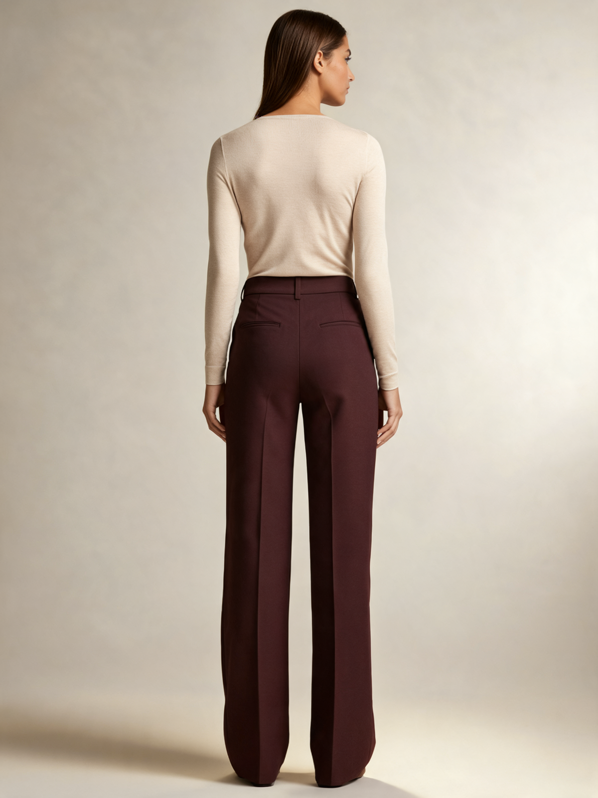 Burgundy wide leg trousers back view