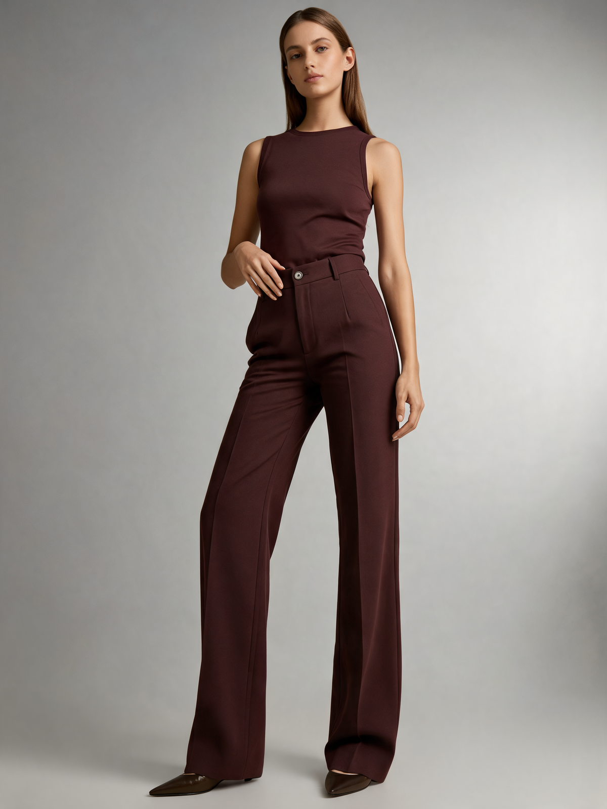 Burgundy wide leg trousers three-quarter view