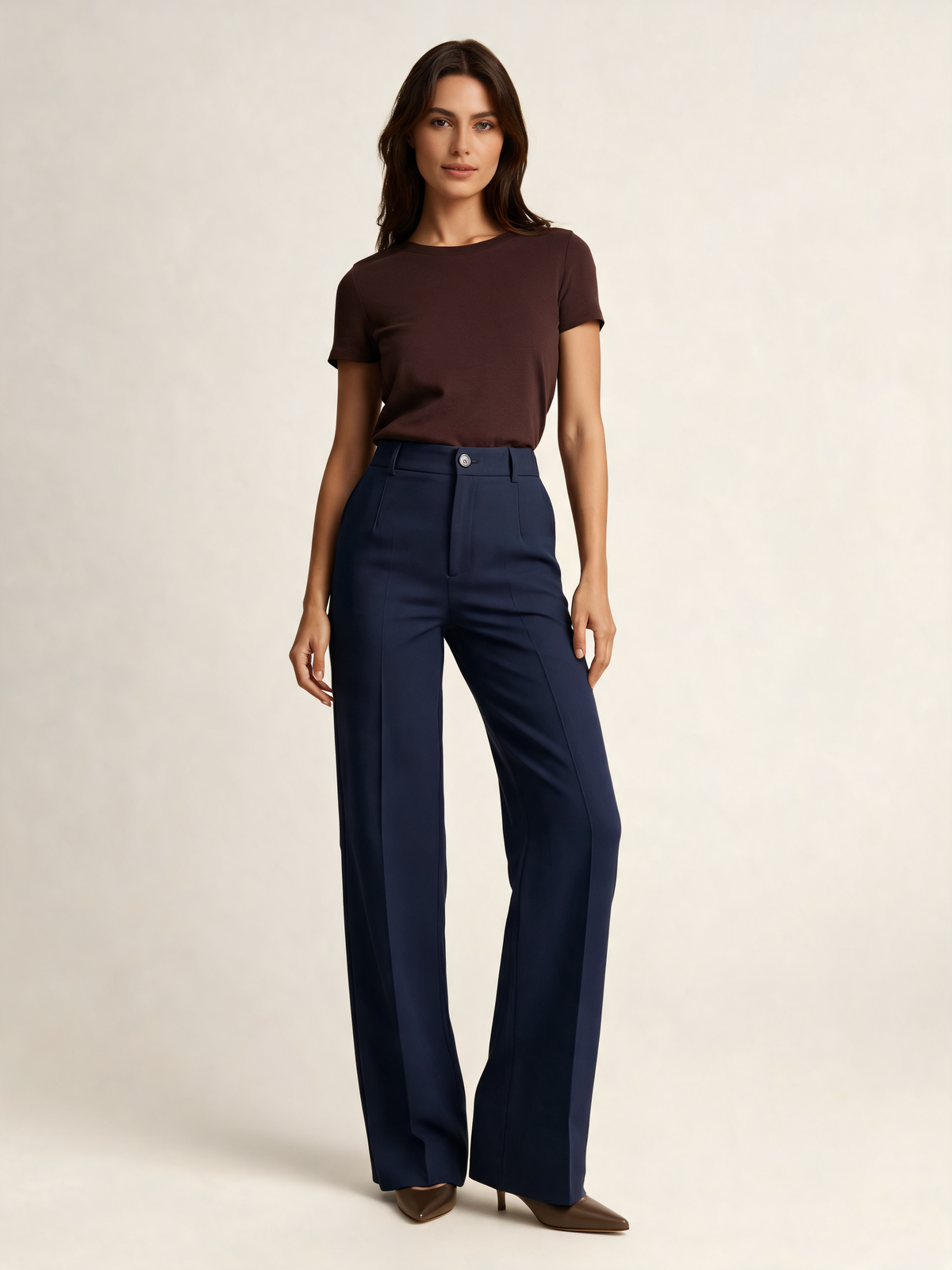 Navy wide leg trousers front view