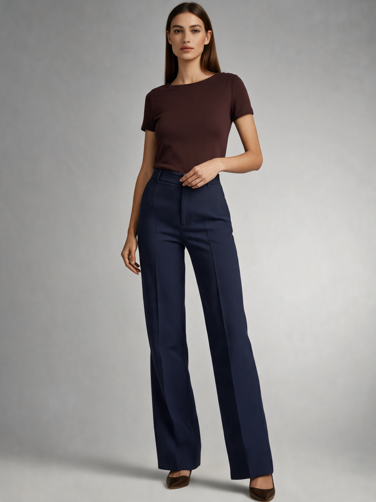 Navy wide leg trousers three-quarter view