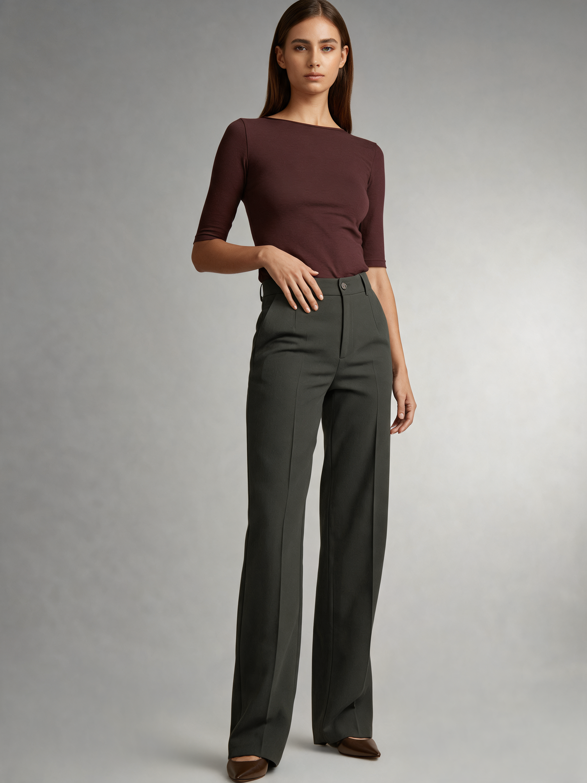 Charcoal wide leg trousers three-quarter view
