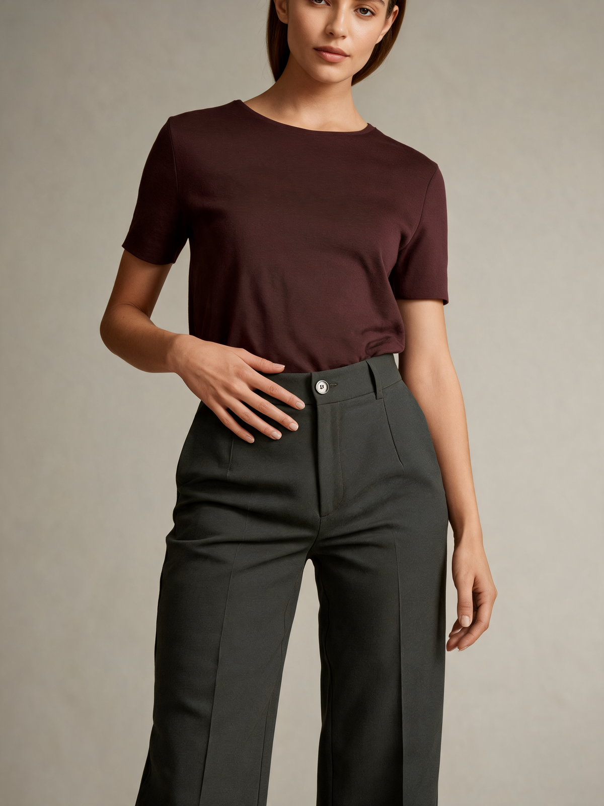 Charcoal wide leg trousers close-up