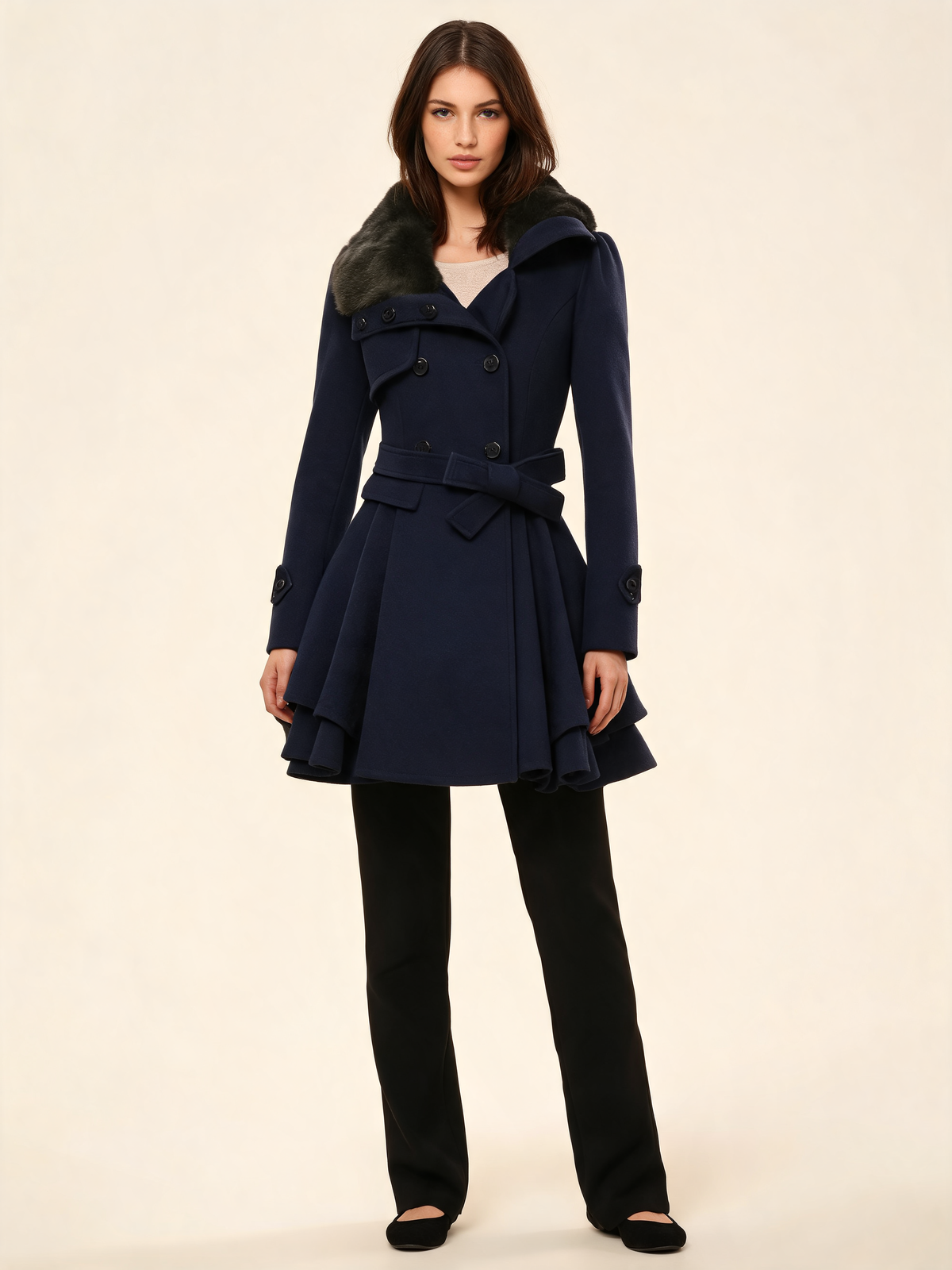 Navy winter coat with faux fur collar – front view