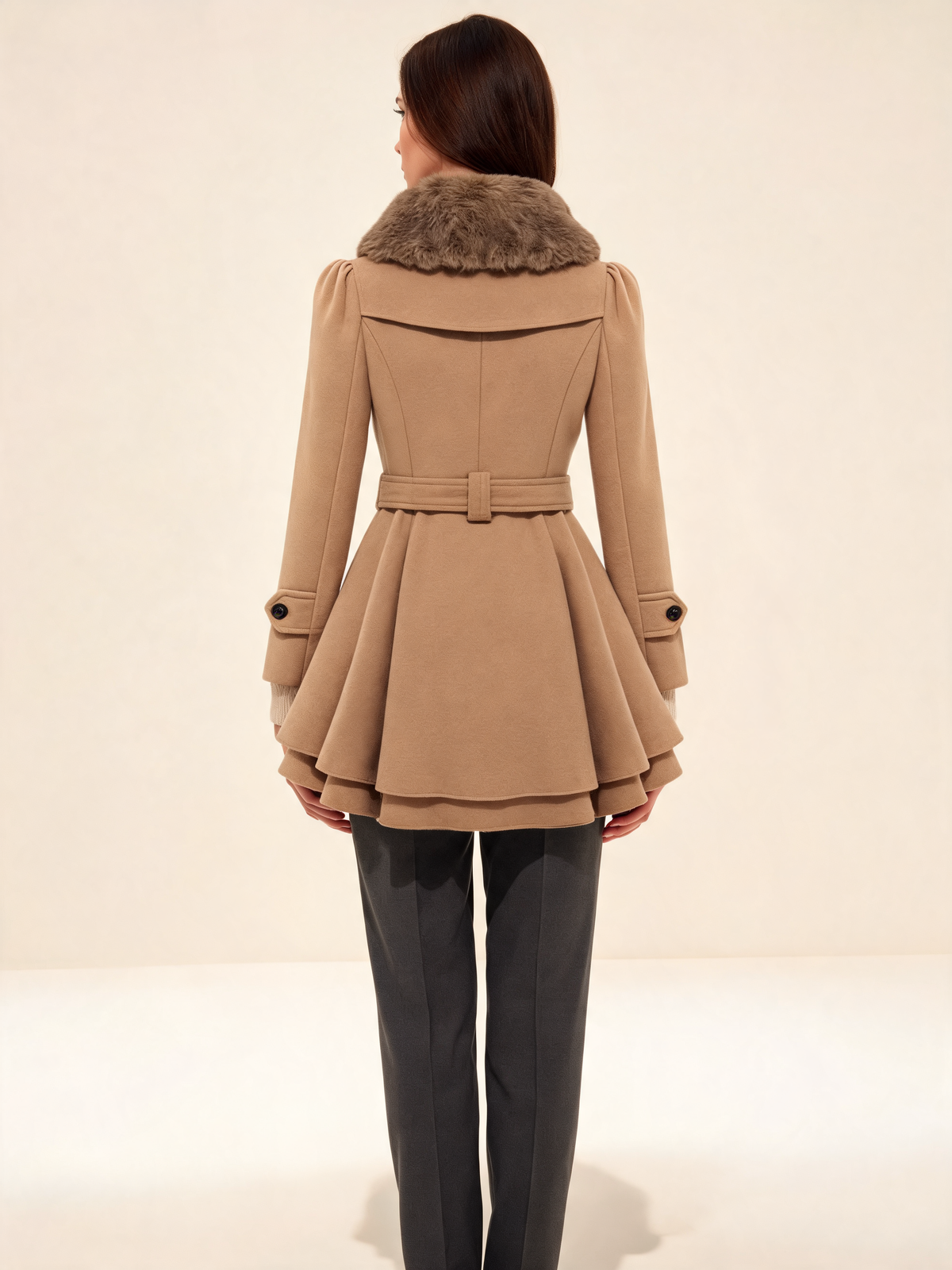 Camel winter coat with faux fur collar – back view