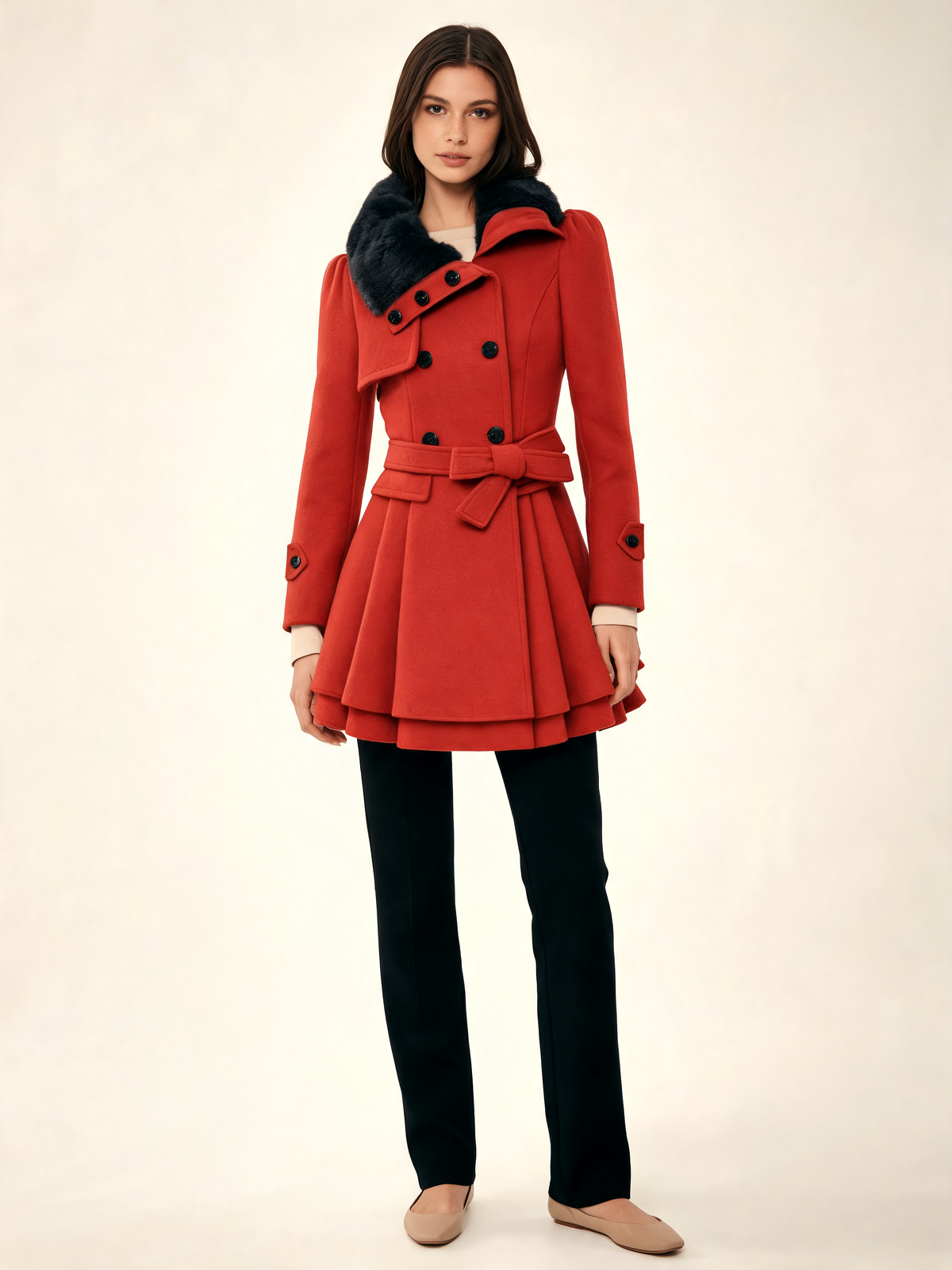 Red winter coat with faux fur collar – front view