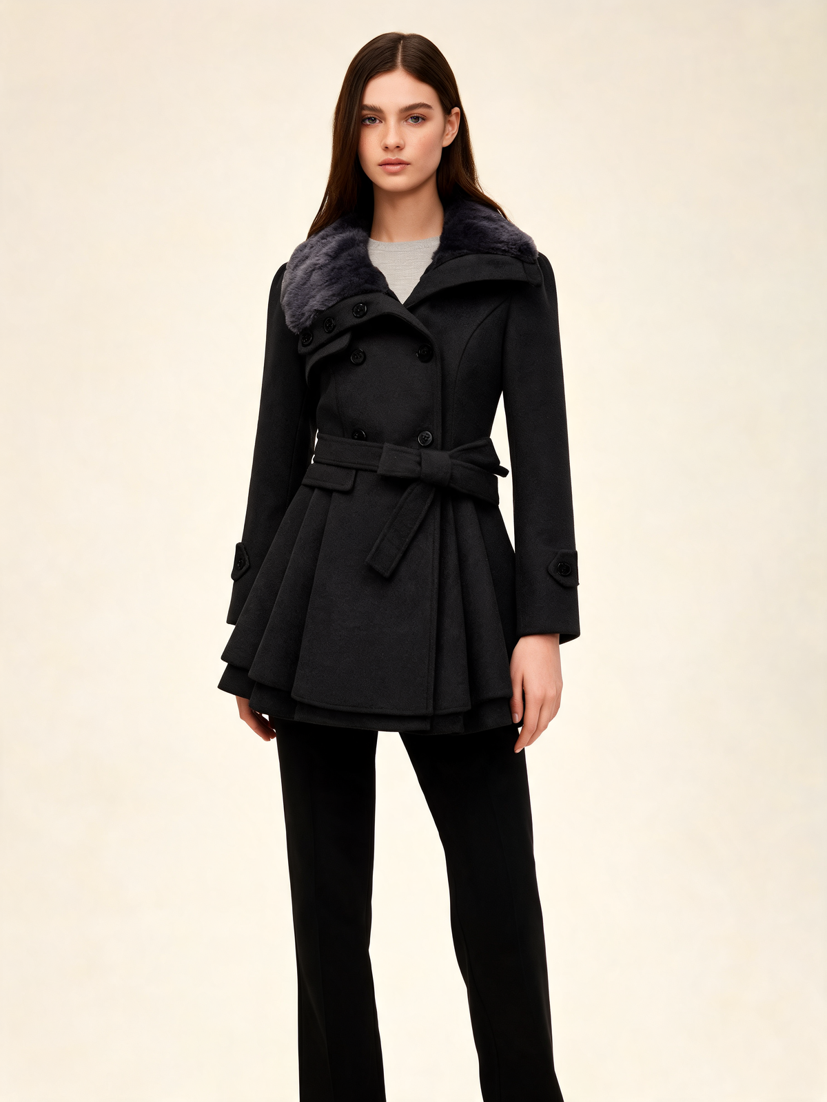 Black winter coat with faux fur collar – front view