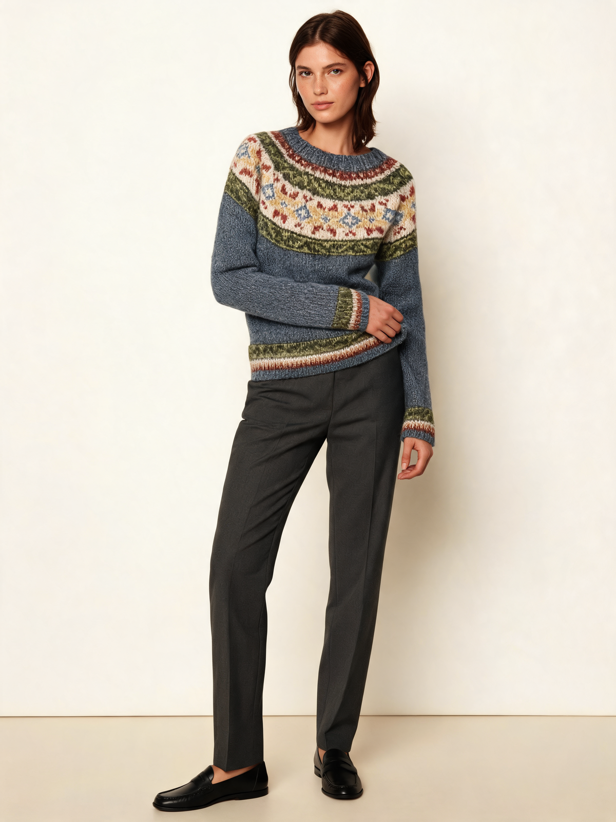 Blue grey Fair Isle jumper – three-quarter view