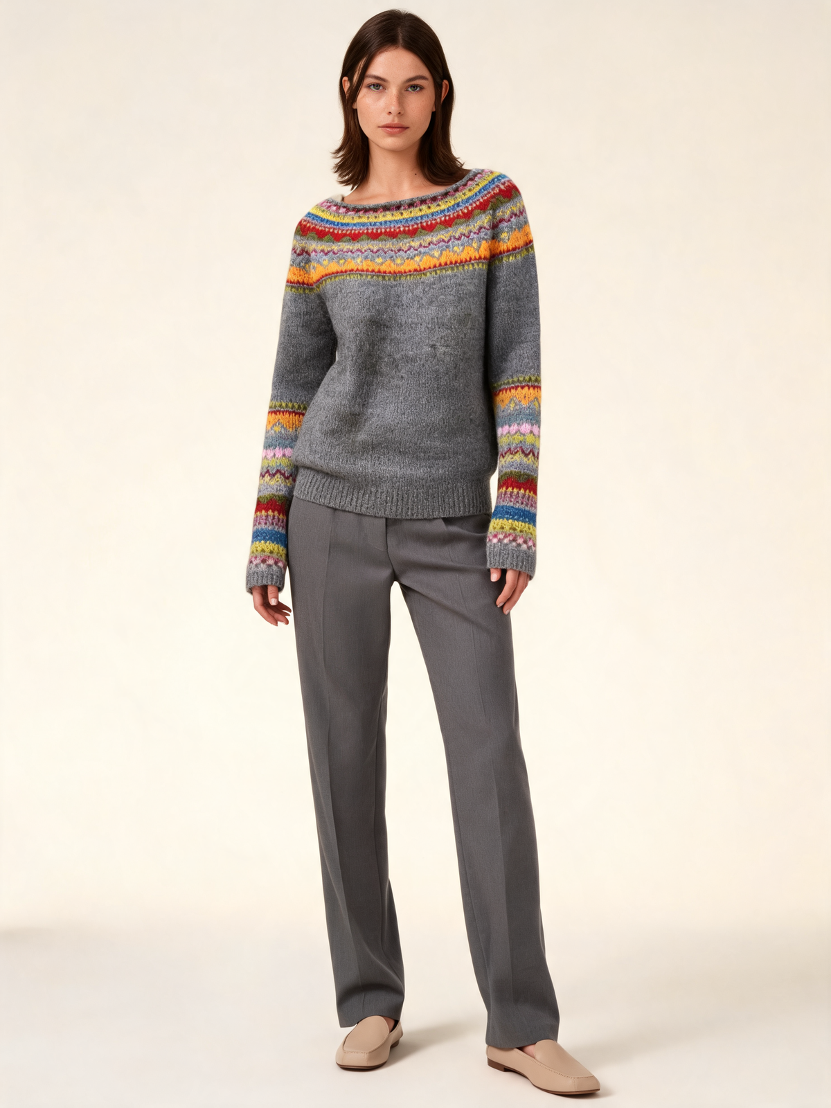 Grey rainbow Fair Isle jumper – front view