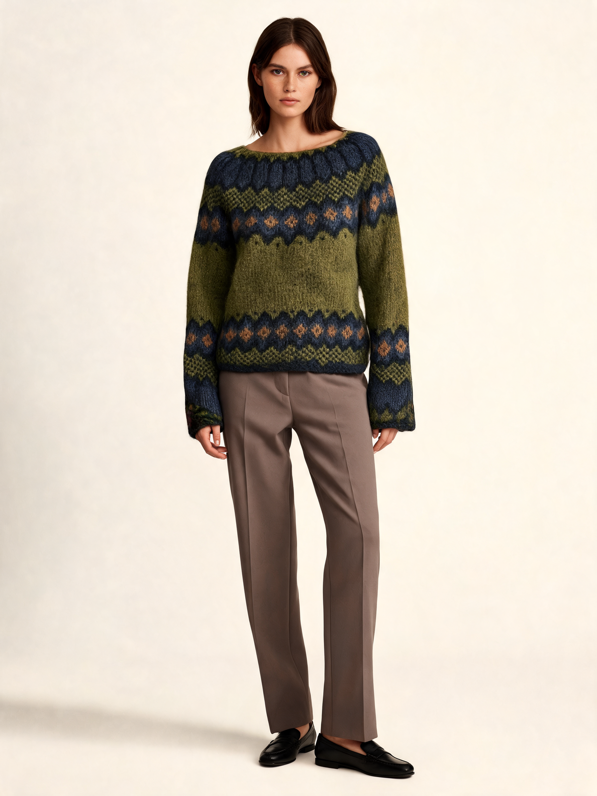 Olive navy Fair Isle jumper – front view