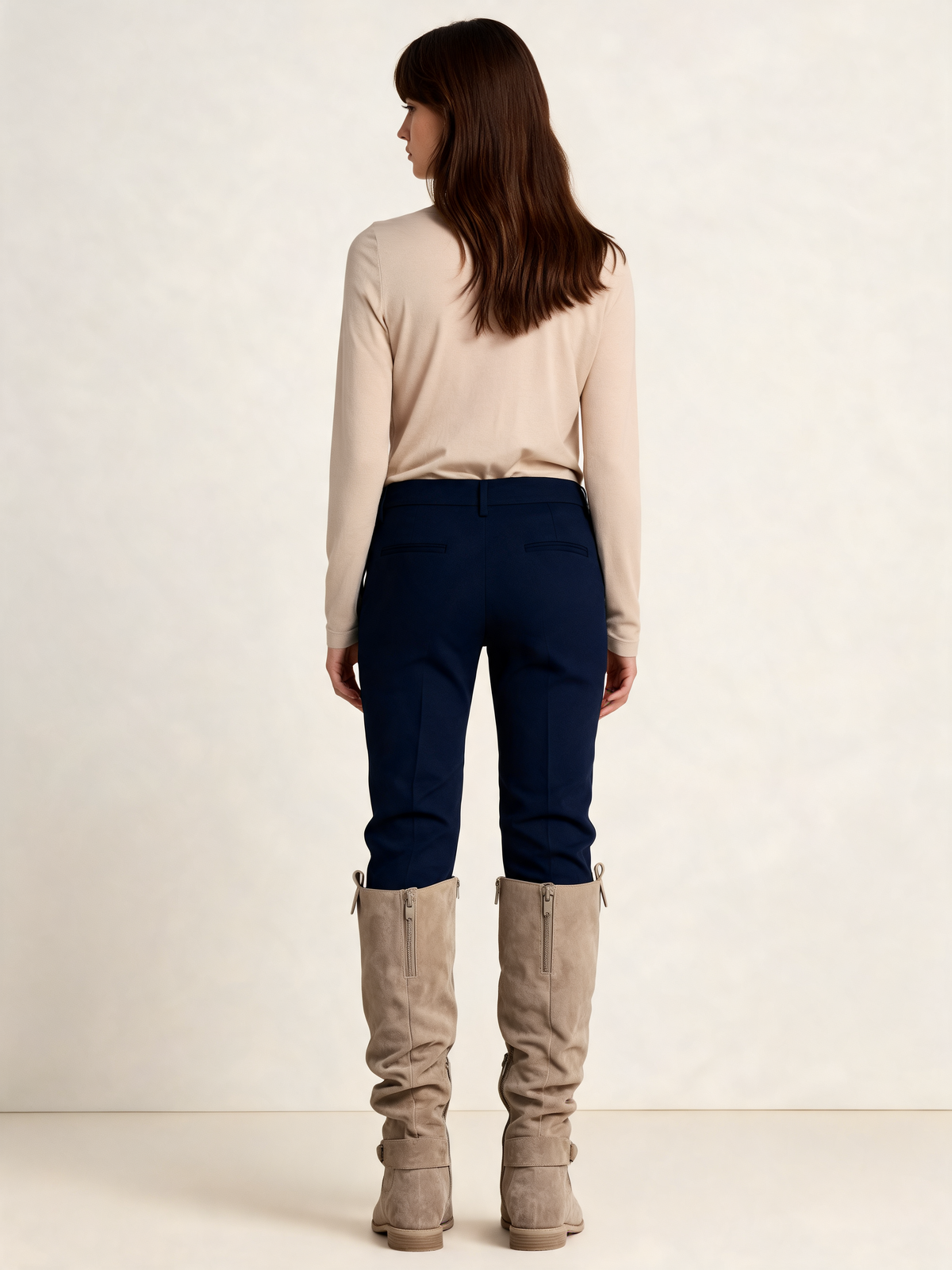 Beige slouch knee high boots – back view