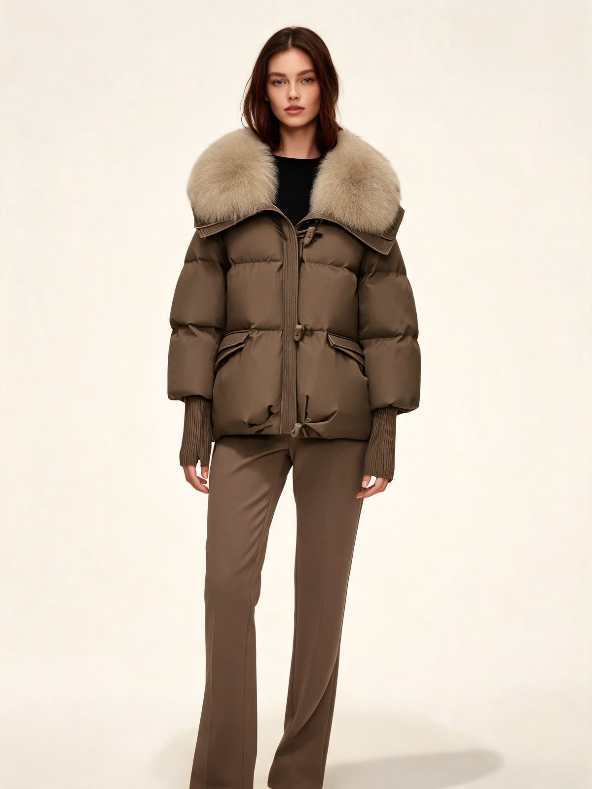 Mocha puffer jacket with beige faux fur collar – front view