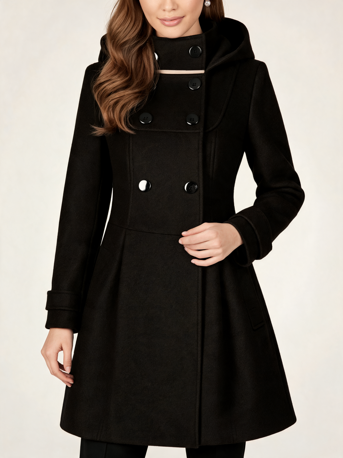 Black hooded winter coat – close-up of buttons and collar