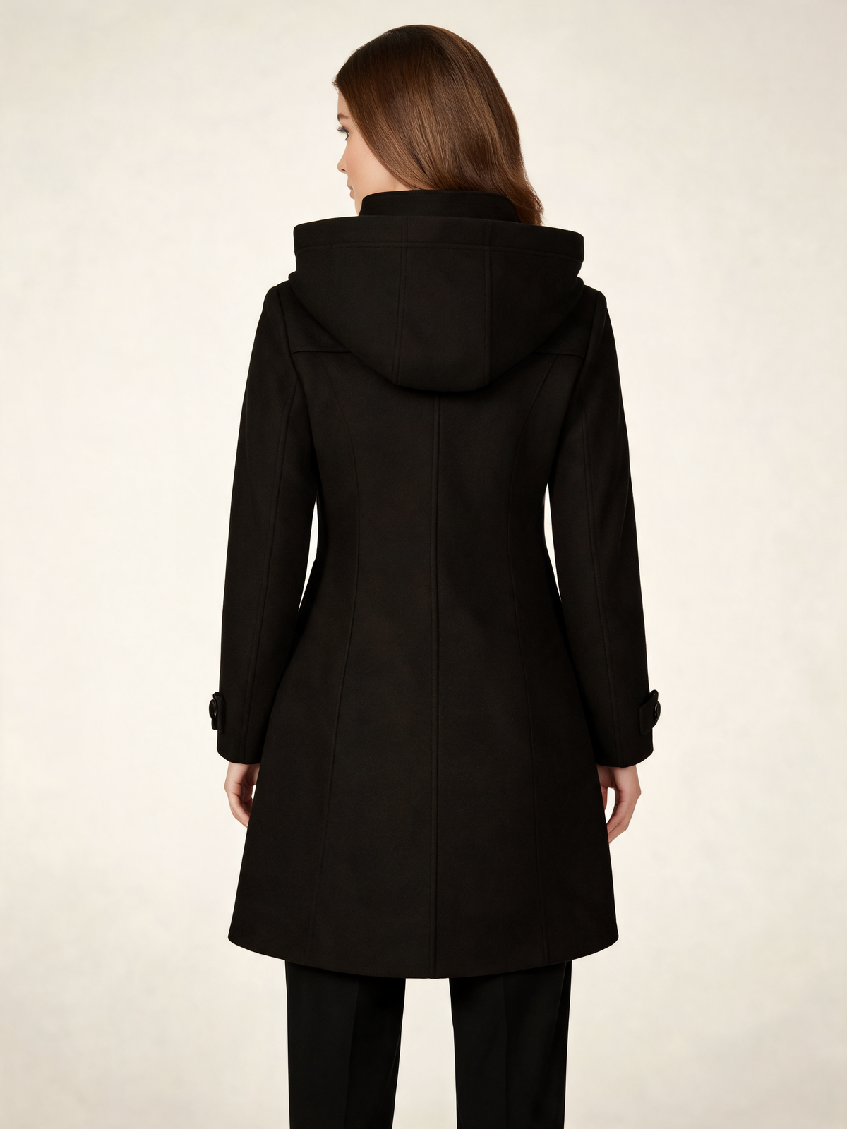 Black hooded winter coat – back view