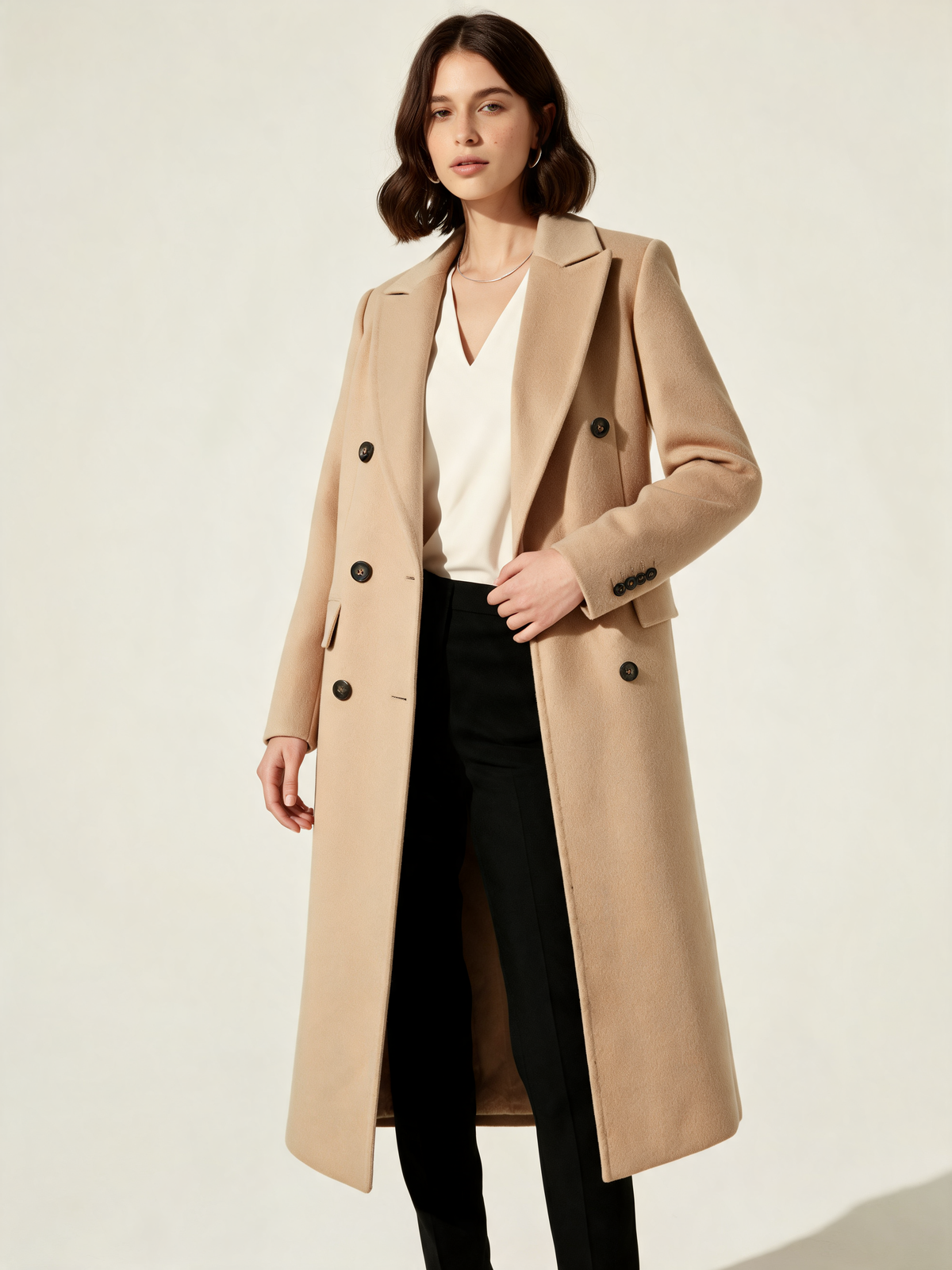 Beige longline coat – three-quarter view