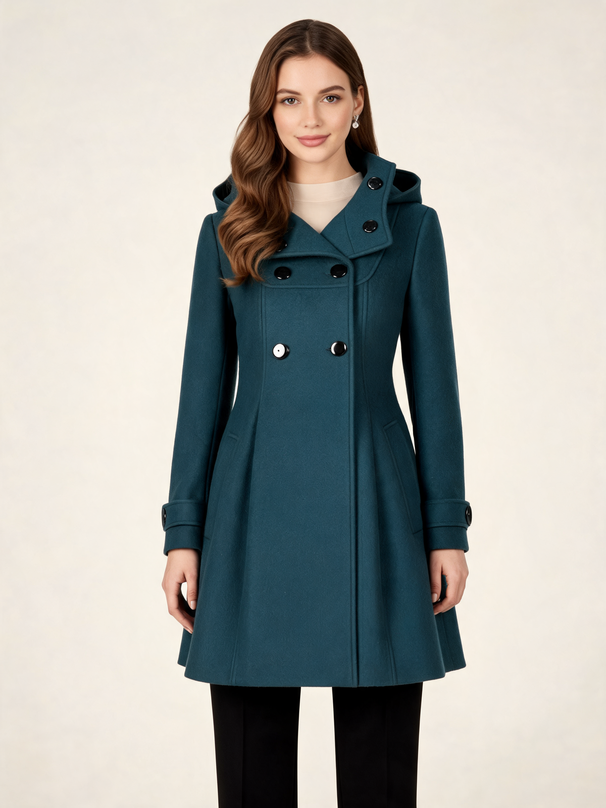 Teal hooded winter coat – front view