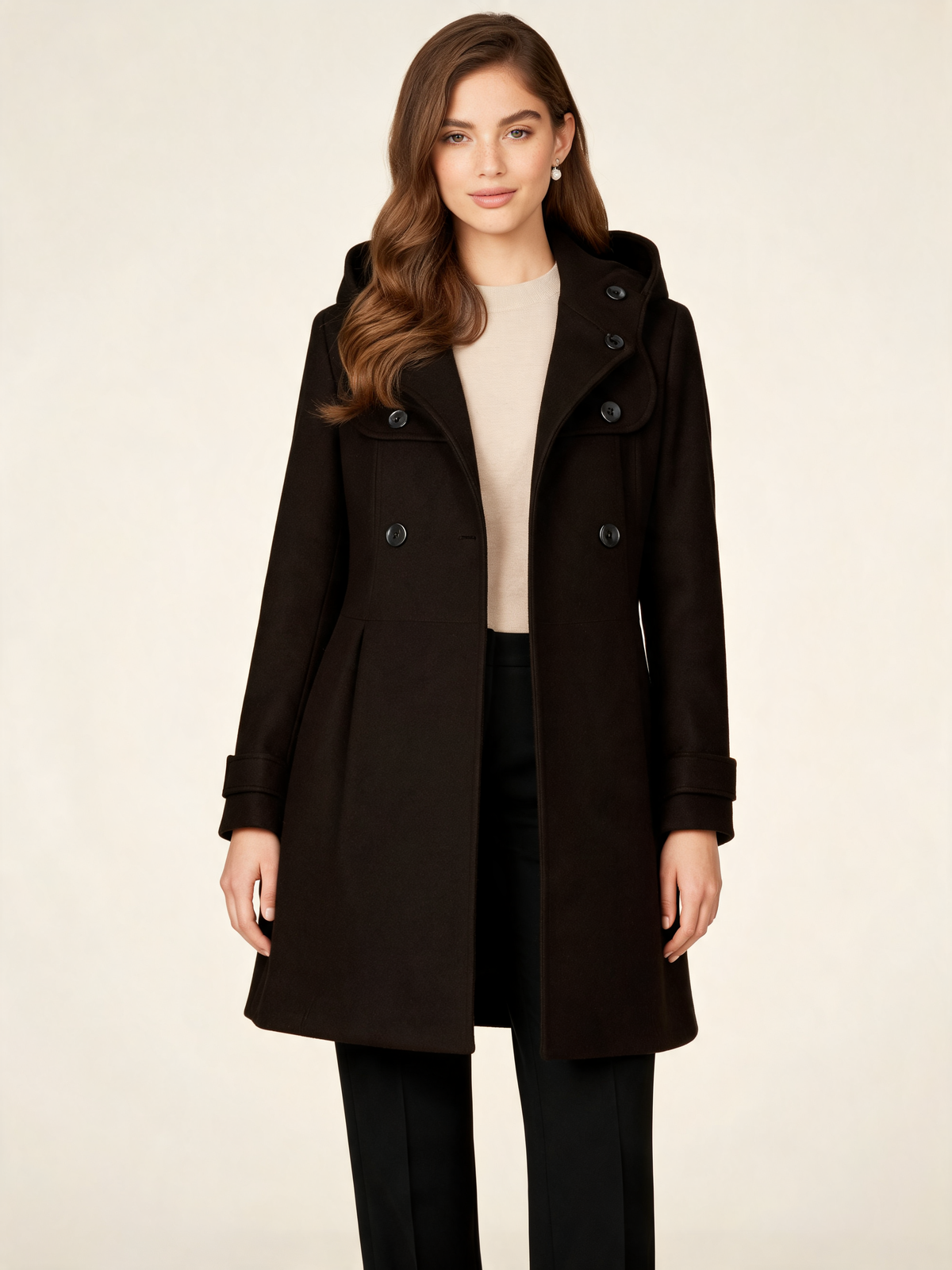 Black hooded winter coat – front view