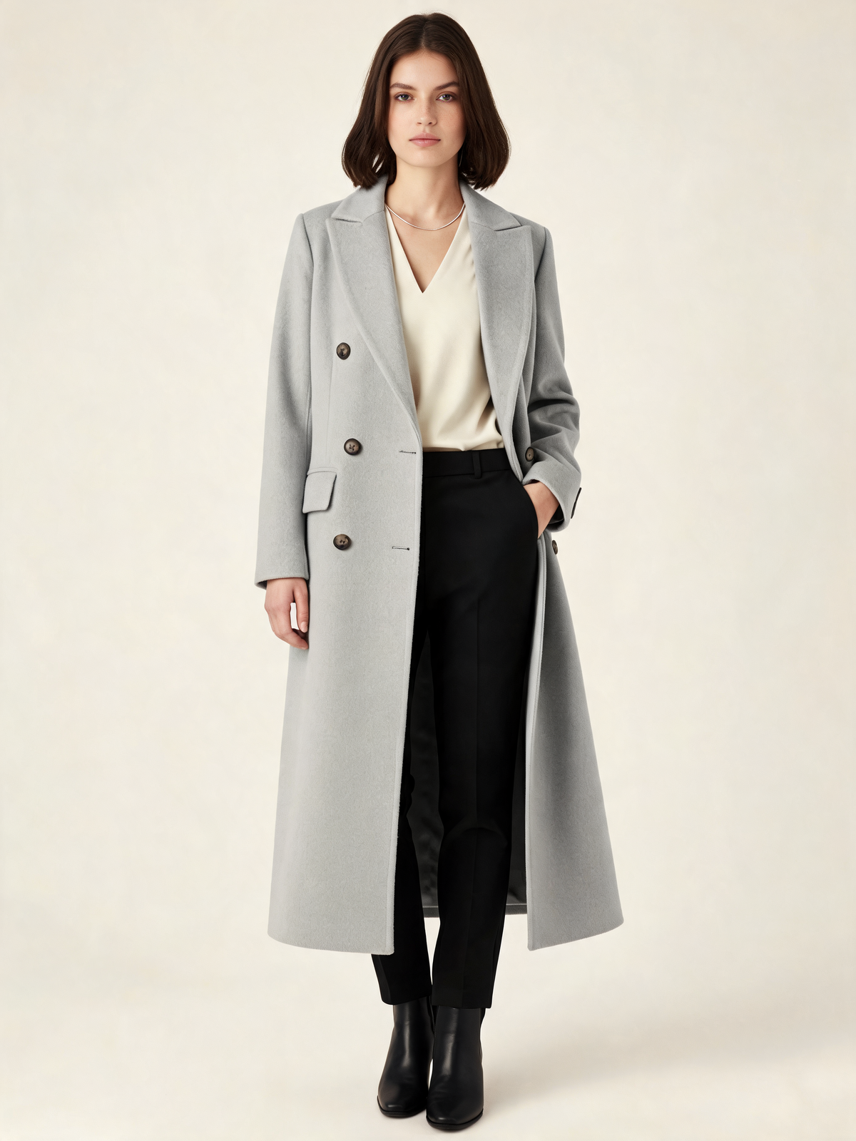 Grey longline coat – front view