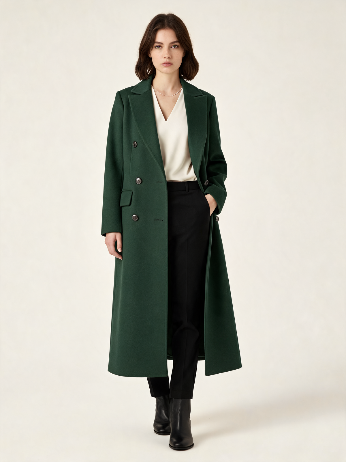 Green longline coat – front view