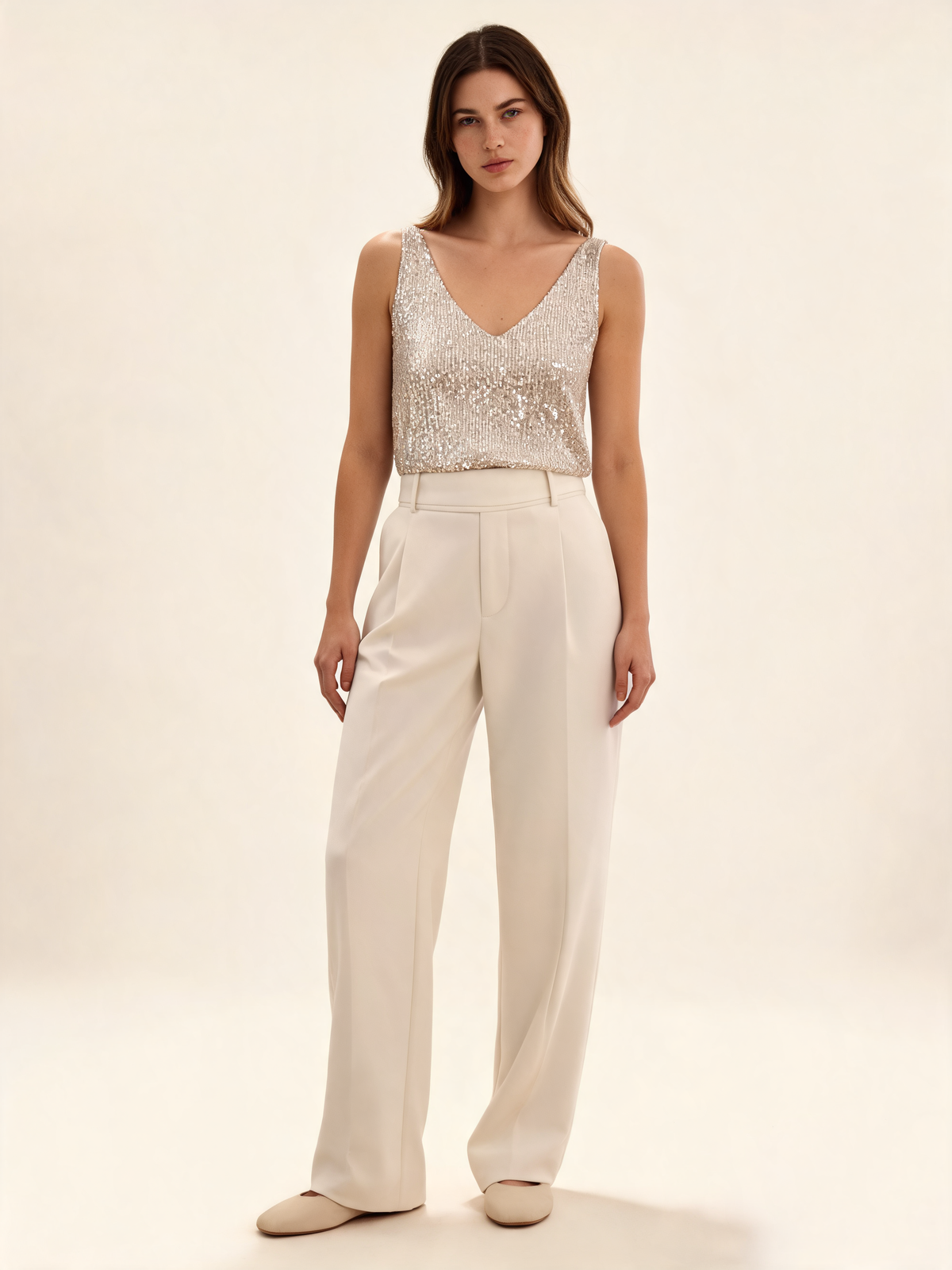 Champagne sequin top – front view