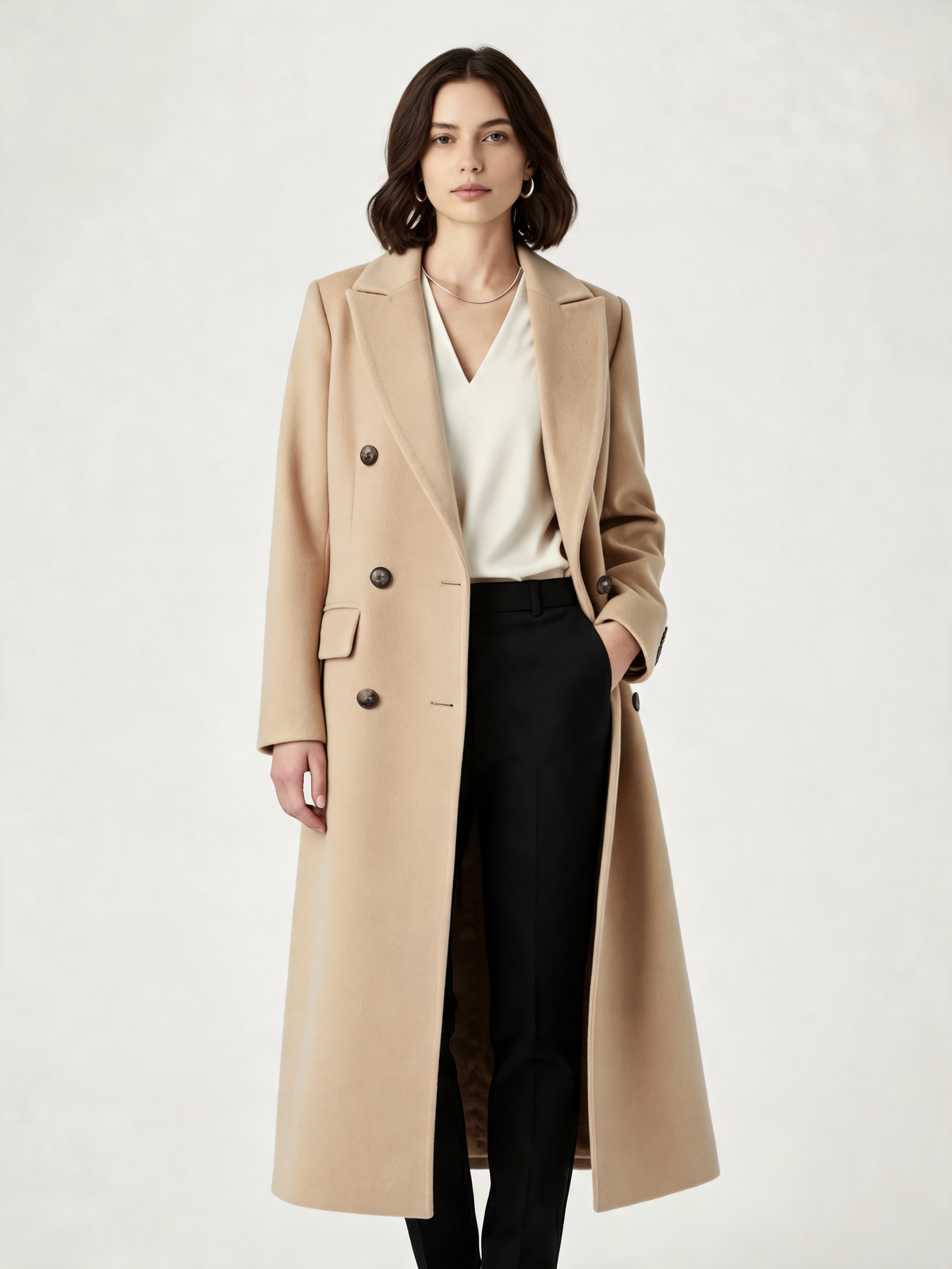 Beige longline coat – front view