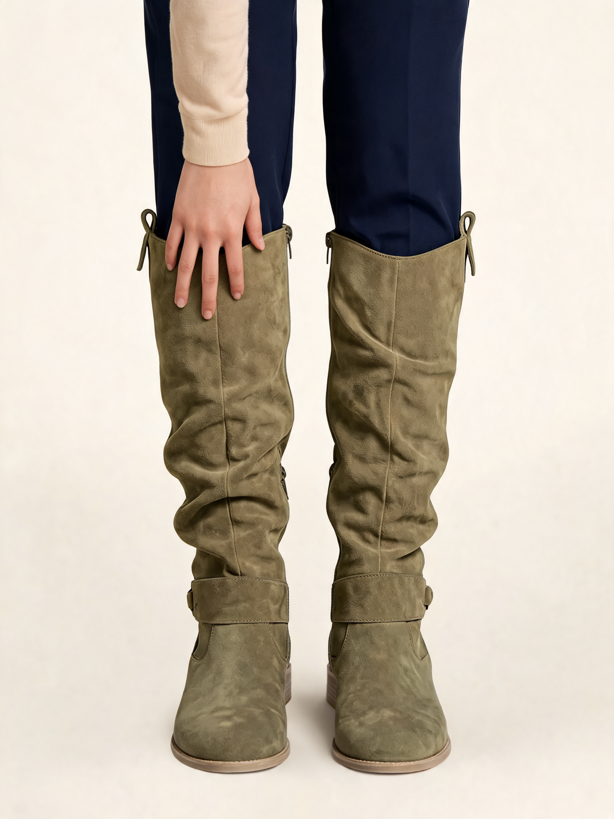 Khaki slouch knee high boots – close-up