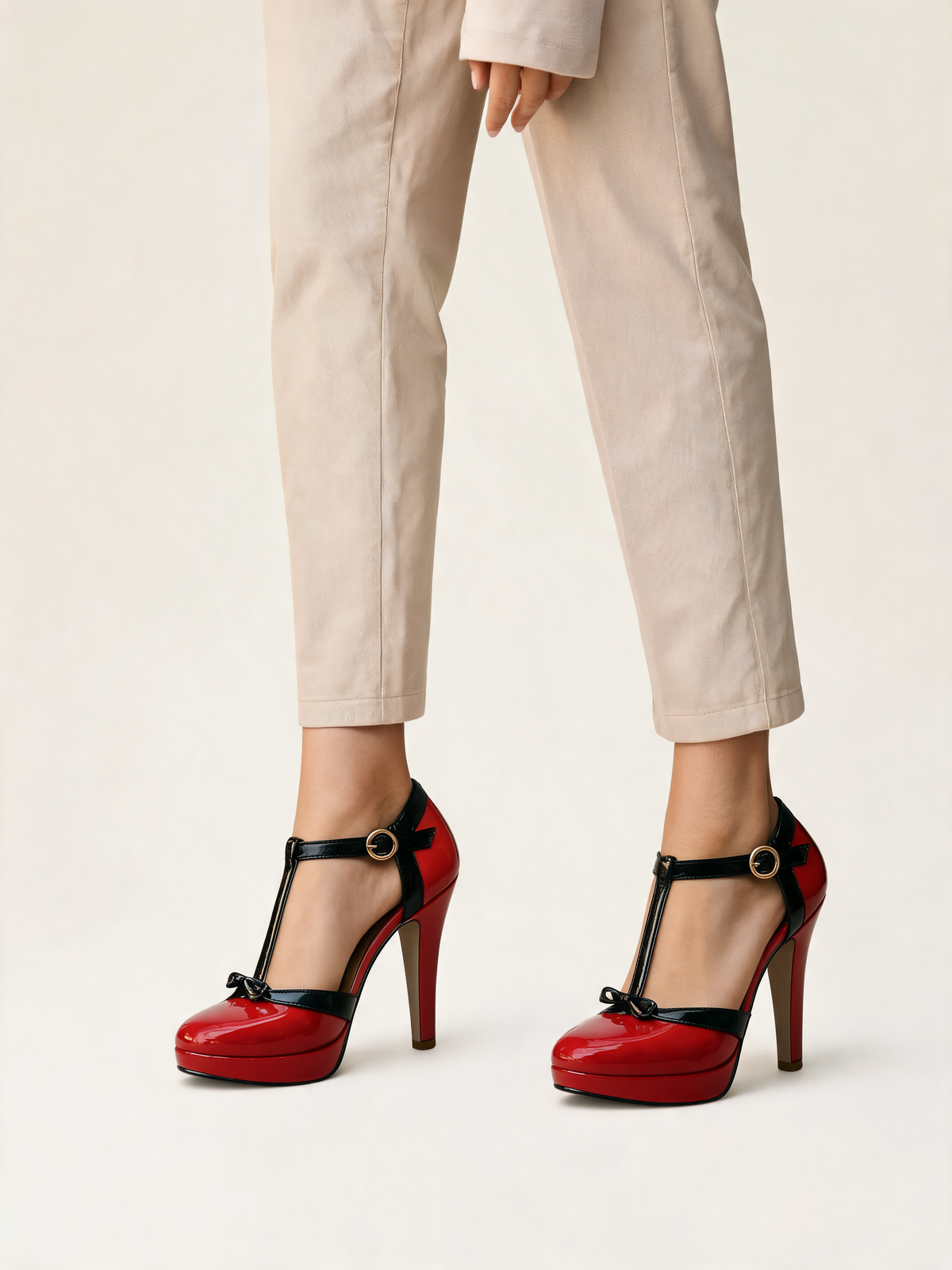 Red platform heels with black T-bar strap – close-up