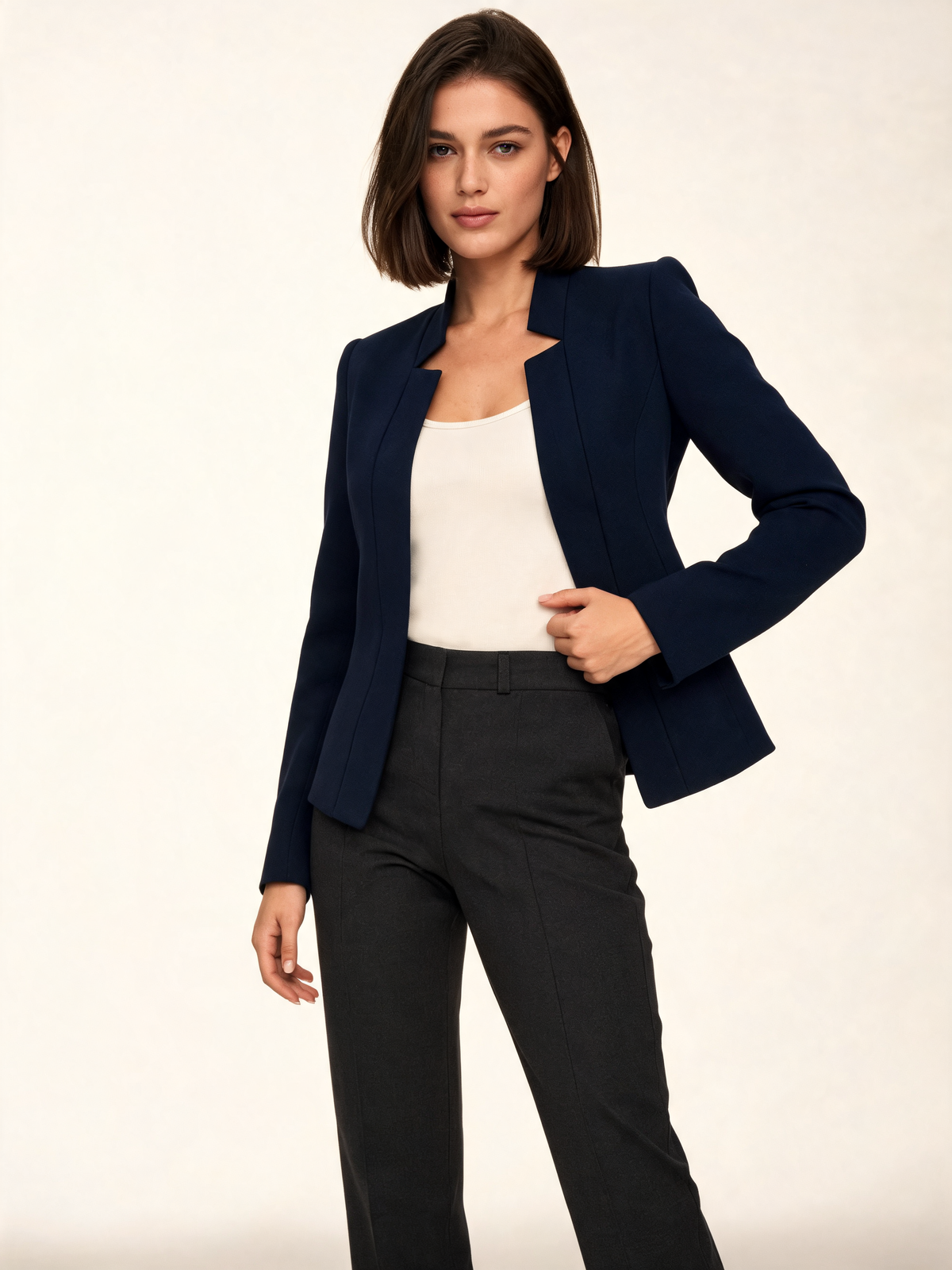 Navy women's blazer – three-quarter view