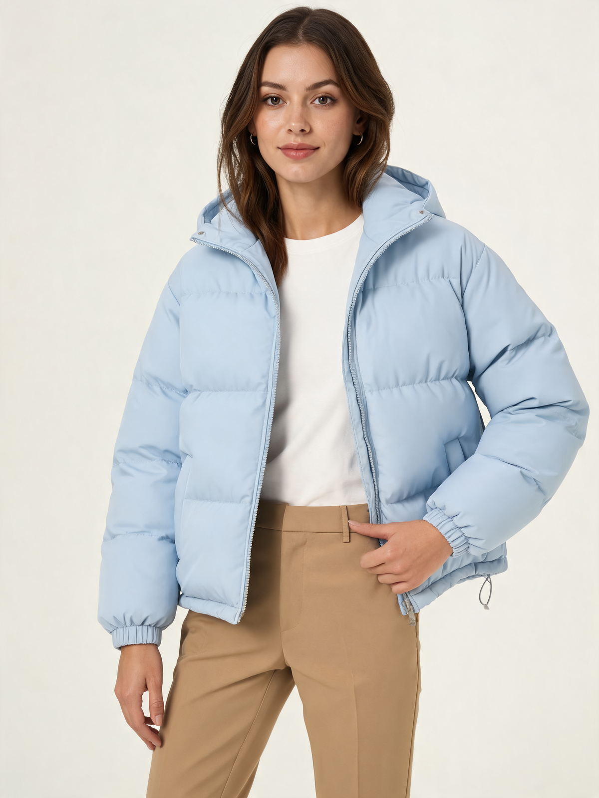 Light Blue hooded puffer jacket – three-quarter view