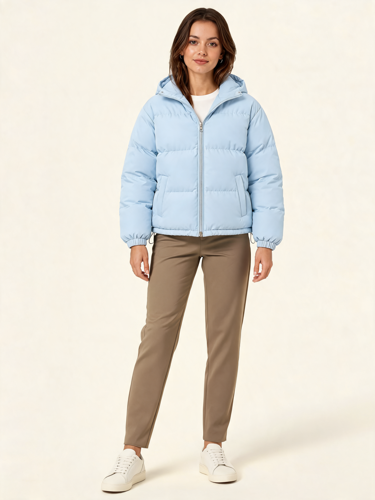 Light Blue hooded puffer jacket – front view