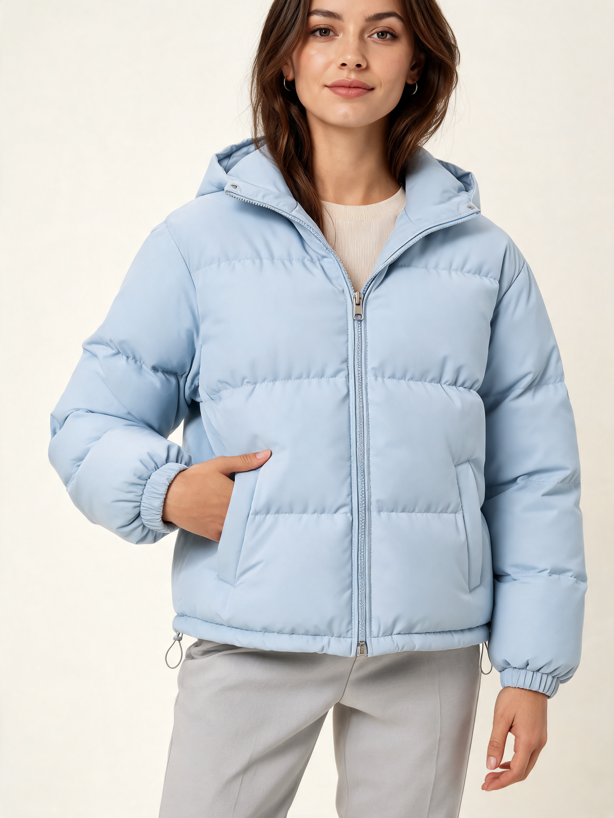 Light Blue hooded puffer jacket – close-up