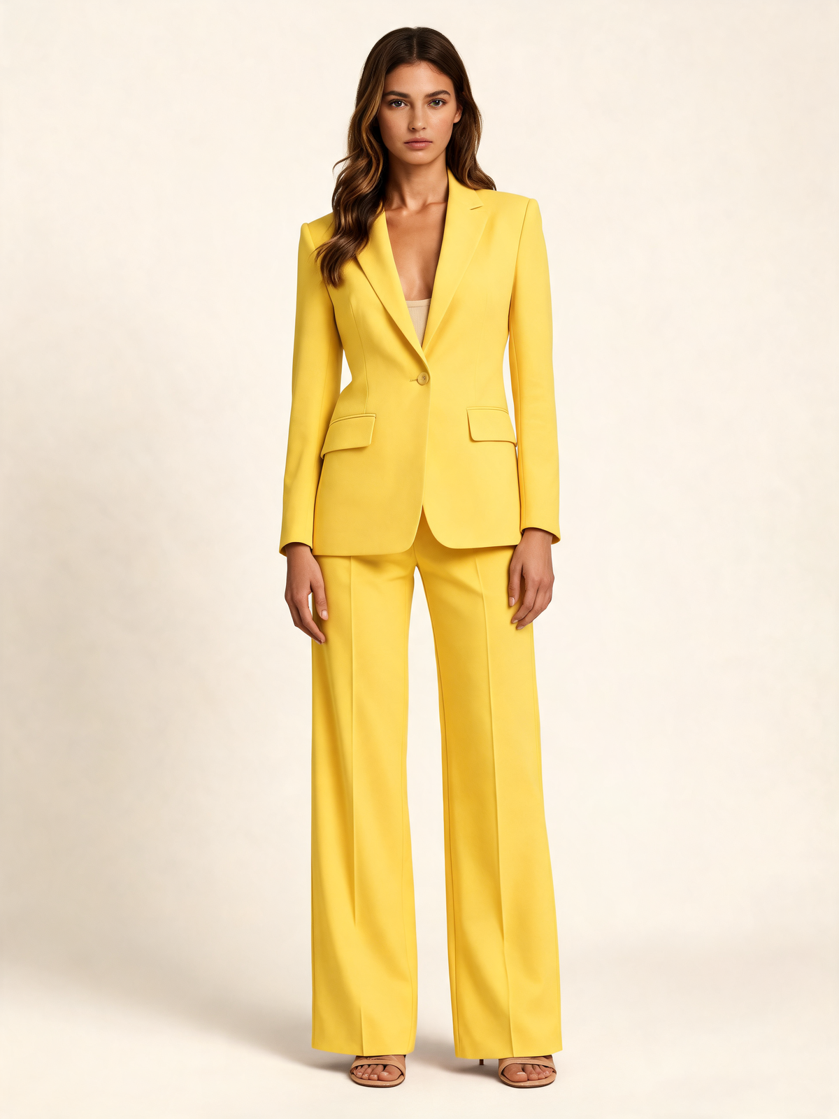 Yellow trouser suit – front view