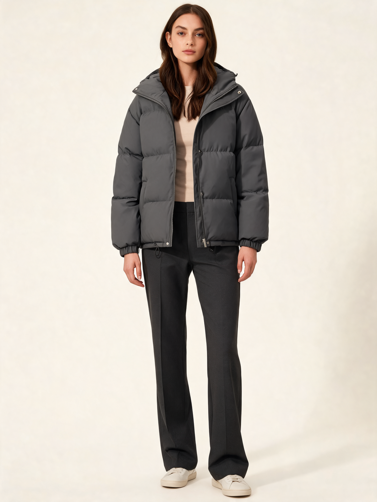 Grey hooded puffer jacket – front view